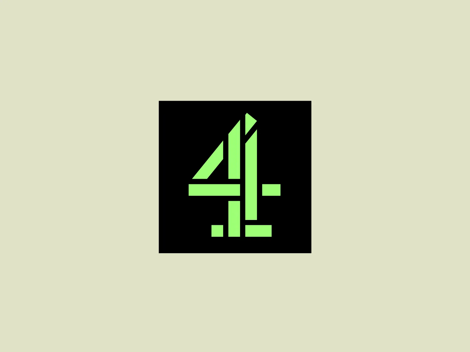 Channel 4 logo: The logo depicts a stylized number "4" within a square boundary. The numeral is composed of geometric shapes, featuring lines and angles that give it a modern and dynamic look. The primary elements are thick lines, with the negative space cleverly incorporated to define the number's structure. The color of the number is a vibrant lime green with a gradient that transitions to a darker shade at the edges, adding depth and dimensionality to the design. Overall, the aesthetic is sleek, bold, and contemporary, suitable for a brand seeking to convey innovation and forward-thinking.