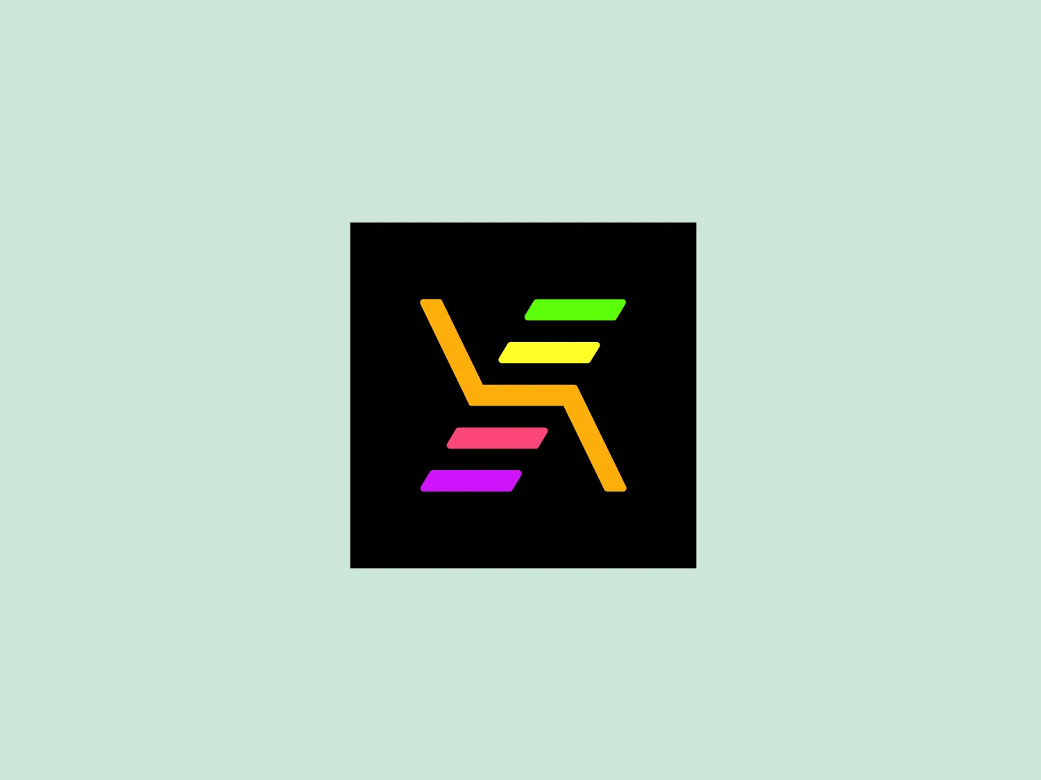 The Xposure Music logo features a stylized, abstract design, composed of colorful, overlapping geometric shapes that resemble a letter or symbol. Its sharp angles and lines suggest motion and modernity. The colors within the design include neon green, bright yellow, electric pink, and vivid orange, which boldly contrast against the black background. This combination gives the logo a vibrant and energetic look, evoking a sense of innovation and cutting-edge appeal. The minimal use of shapes and the strategic use of negative space make the Xposure Music logo easily scalable and distinctive.