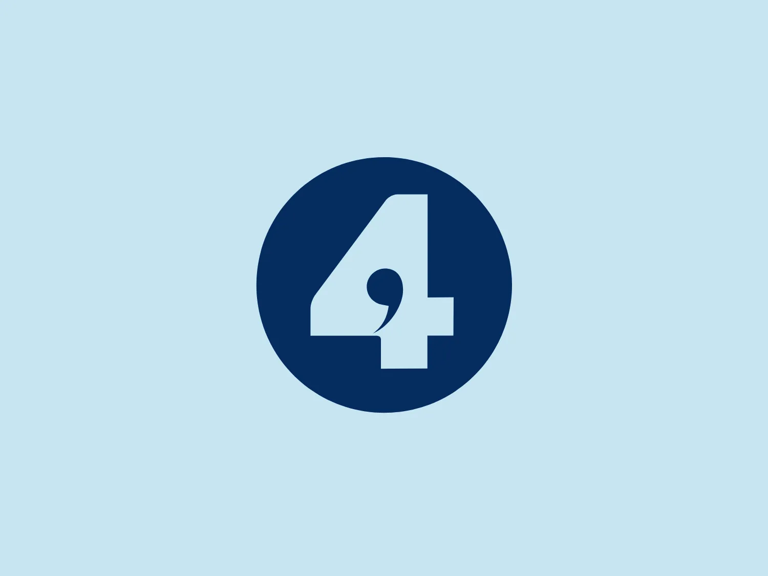 The BBC Radio 4 logo features a bold, white numeral "4" superimposed on a dark blue circular background. The "4" has a modern, sans-serif typography with clean lines and a geometric feel. It has been designed with a unique twist, where the central horizontal bar is replaced by an inverted teardrop shape, giving the figure an abstract, stylized appearance. The overall design aesthetic is minimalistic yet distinctive, conveying a sense of innovation and simplicity.