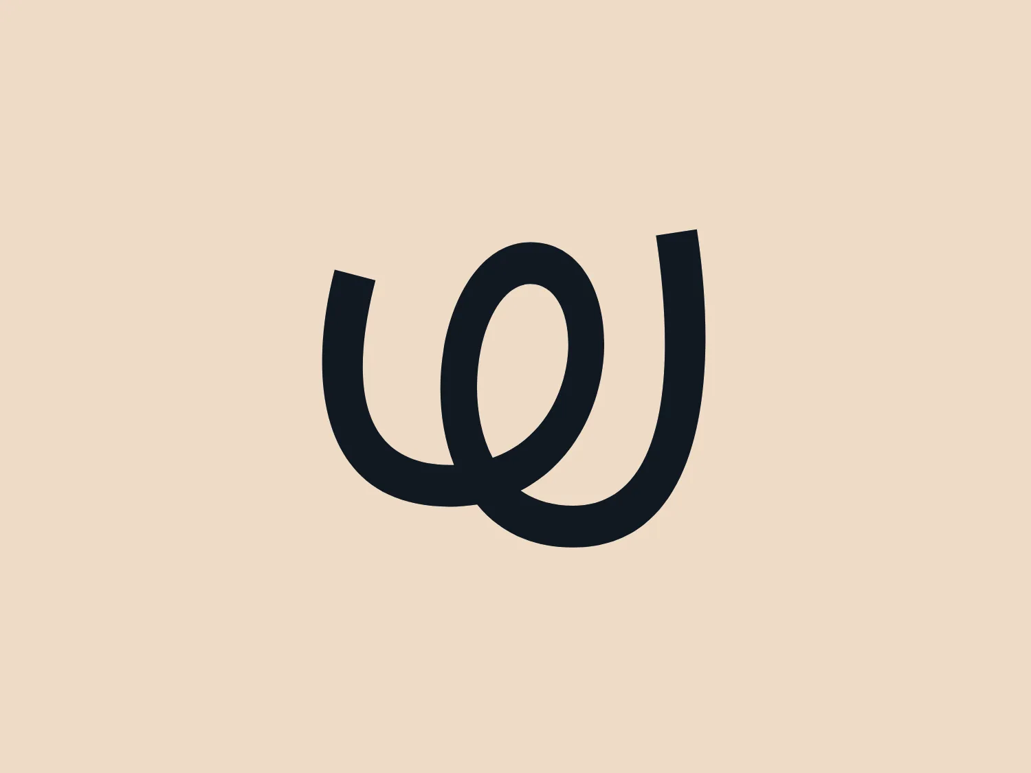 The Wualaby logo features a stylized, minimalistic design of a lowercase "w" merged in such a way that the lines form a continuous loop. The color of the logo is a deep navy blue, and the design is clean with smooth curves, suggesting a modern and sleek brand identity. The thickness of the lines is consistent, contributing to the logo's balanced and elegant appearance. Given the color and simplicity of the Wualaby logo, a light pastel background would complement it well.