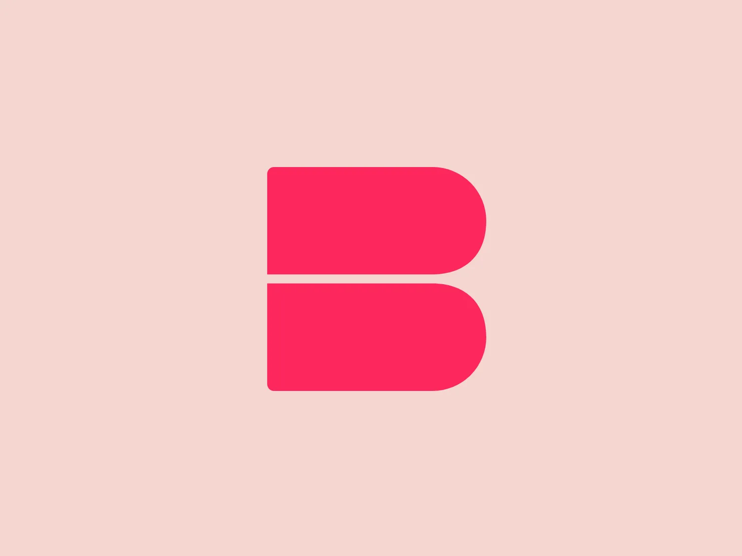 The Banijay Group logo consists of a stylized letter "B" formed by two solid pink shapes. The upper half is a rectangular block with a flat top and a curved bottom, while the lower half is a mirror image of the upper, with a curved top and a flat bottom. The two halves are perfectly centered, creating a symmetrical design. The use of rich and vibrant pink color gives the logo a modern and energetic feel. It relies on bold simplicity and dynamic use of negative space and would complement a subtle and light background well.