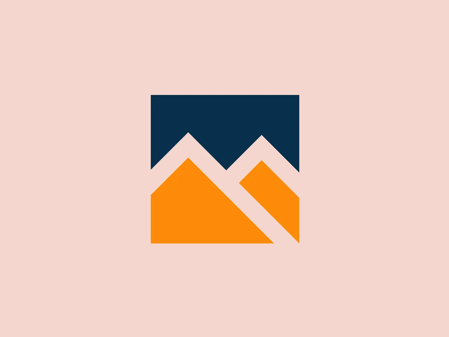 The Meeka Metals logo features three stylized mountain peaks within a square frame. The central and left peaks are vibrant orange (#F7DED6), while the right peak and the negative space forming the valley below are a deep navy blue (#D9E5F9), creating a striking contrast. The clean, sharp angles convey modernity and stability, while the geometric approach gives the design a bold character, symbolizing strength and reliability. The overall aesthetic blends adventure and professionalism, showcasing a sense of boldness and stability. Hexcode: #E4E2F8