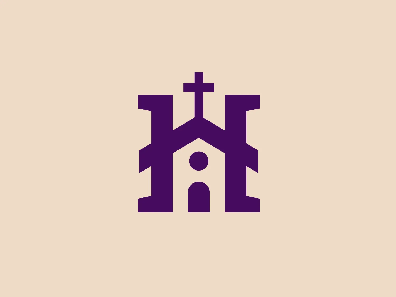 The Storehouse logo features a stylized representation of a structure with a cross at the top, reminiscent of a church. Comprised of minimalist geometric shapes, it includes a central rectangle serving as the doorway, flanked by two taller rectangles resembling towers with pitched roof-like extensions at the top, and a square base supporting the cross. The bold purple color adds a balance of tradition and modernity to the contemporary aesthetic.