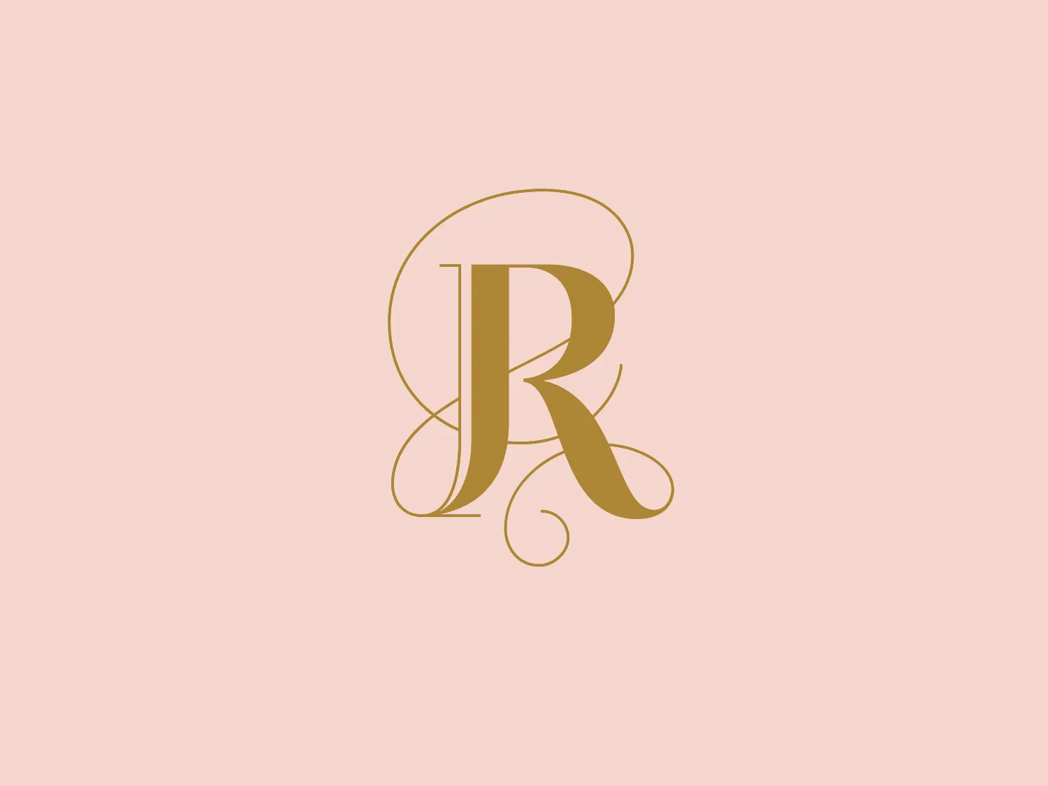 The Razny Jewelers logo features an elegant, intertwined monogram with the letters "J" and "R." The design showcases fluid, cursive letterforms that convey a sense of sophistication and luxury. The "J" gracefully arches over the "R," which anchors the design with a bold, upright stance. The color of the monogram is a warm, matte gold, giving the logo a classic, upscale appearance. The lines of the letters have varying thicknesses, adding to the dynamic and artistic quality of the design. The simplicity of the color palette and the flowing nature of the typography make this logo versatile yet distinctive.