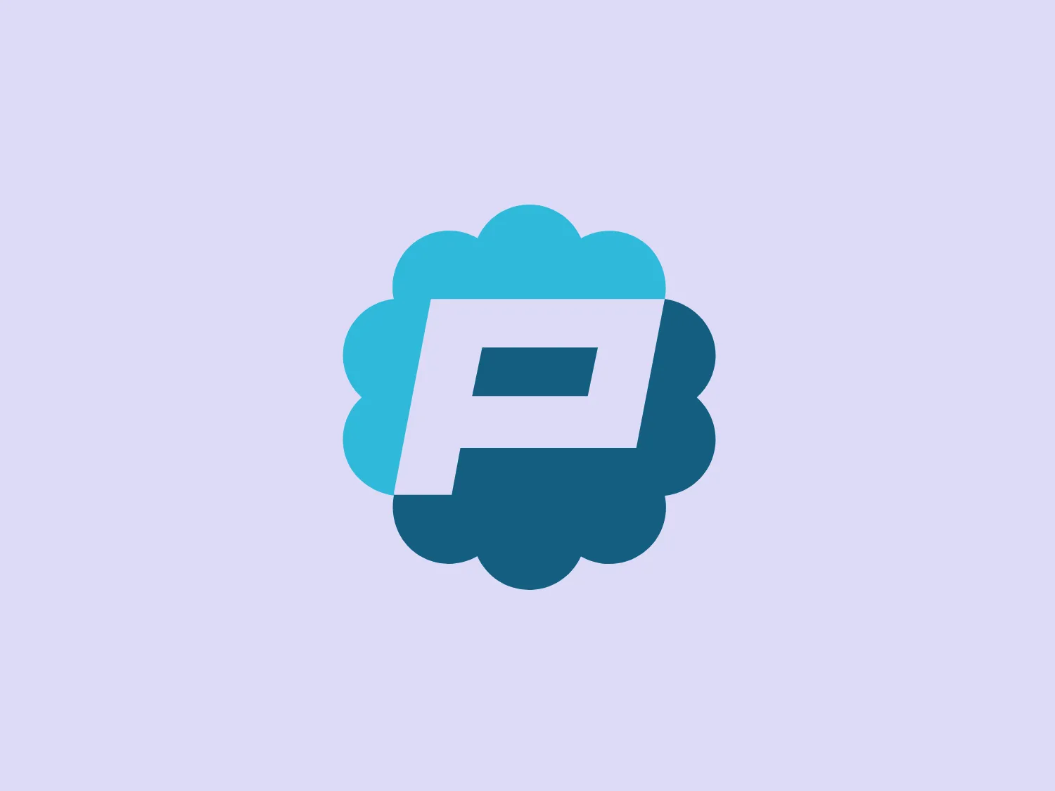 The Panic logo features a friendly, undulated cloud outline with eight round bumps, creating a fluffy cloud iconography. At its center, a bold, capital letter "F" is cut from the cloud shape, creating a modern, geometric design with sharp angles and a thick sans-serif font style. The logo is presented in two shades of blue, with a lighter sky blue for the cloud and a deeper navy blue for the letter "F," embodying a cohesive, tech-friendly vibe.