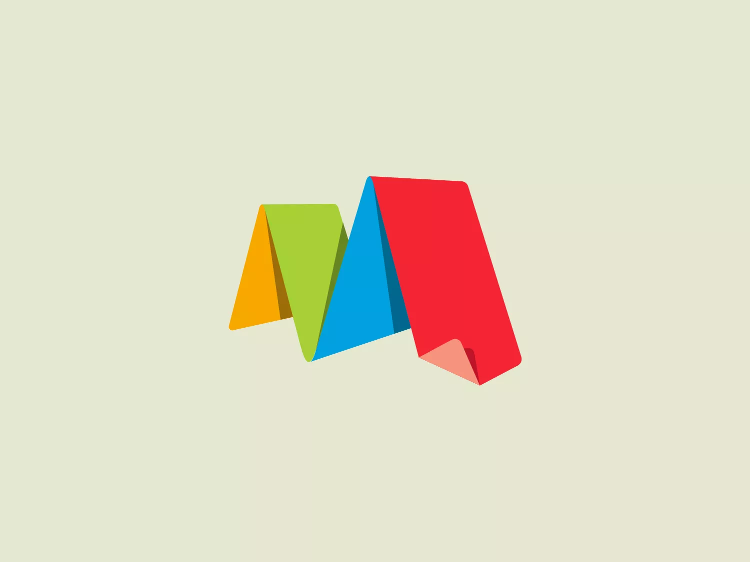 The MakeStickers logo features a geometric design with a modern aesthetic composed of three overlapping paper fold shapes. These create a sense of dimensionality, with the primary shape resembling a stylized letter "M" with pointed peaks. The color palette consists of a vibrant green, bold blue, and bright red, against a clean, white background, which provides a stark contrast that accentuates the logo's colors and design.