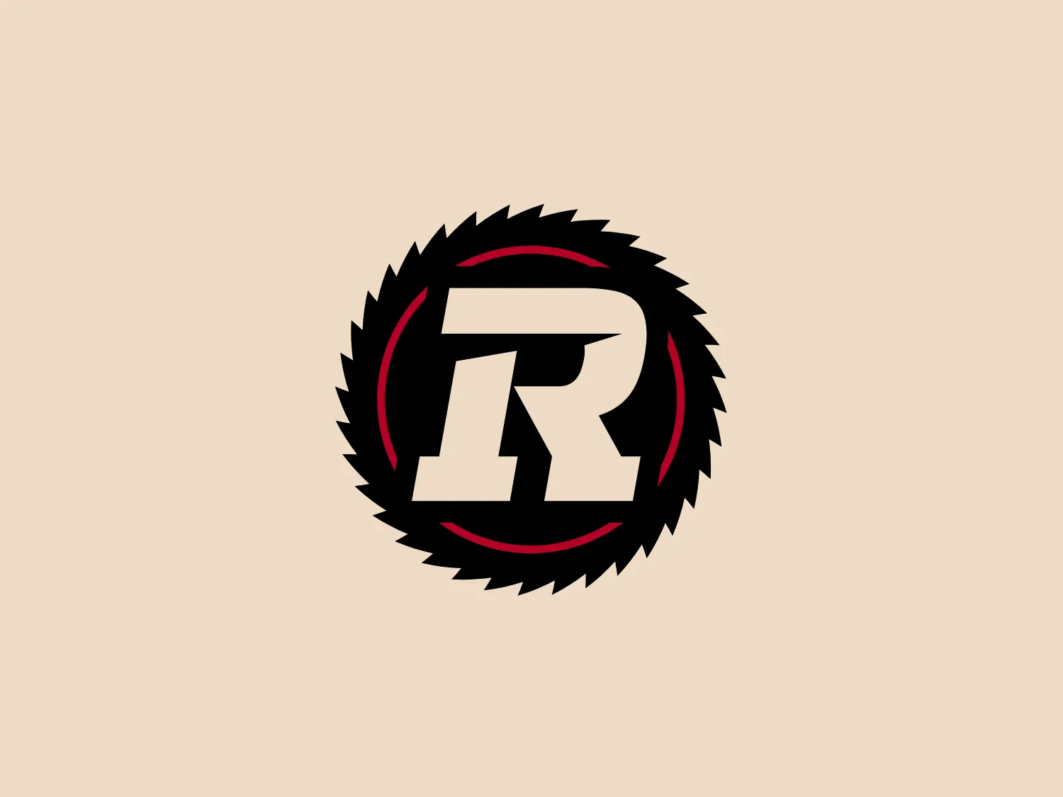 The Redblacks logo showcases a bold, uppercase "R" in a modern, blocky sans-serif typeface, primarily in white with strategic black shadowing. It is enclosed within a black circle with a jagged, sunburst-like edge, suggesting dynamism and energy. The colors are simple yet striking, with the black and white offering a classic and universally versatile appearance.
