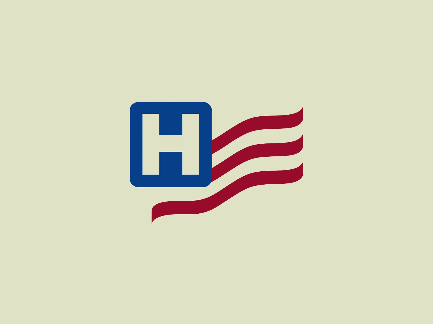 The American Hospital Association's logo features a bold capital "H" centered within a solid blue square. The square has a pair of sharp corners at the top and bottom left, while the right side transitions into three horizontal stripes with a wavy design, evoking a sense of motion or a flag fluttering in the breeze. The stripes start off as part of the square and finish with rounded ends, implying forward movement. The color palette is patriotic, featuring a deep blue (#0047AB) for the square and a rich red (#BB133E) for the wavy stripes, set against a clean white background. The overall design aesthetic is modern, clean-cut, and dynamic.