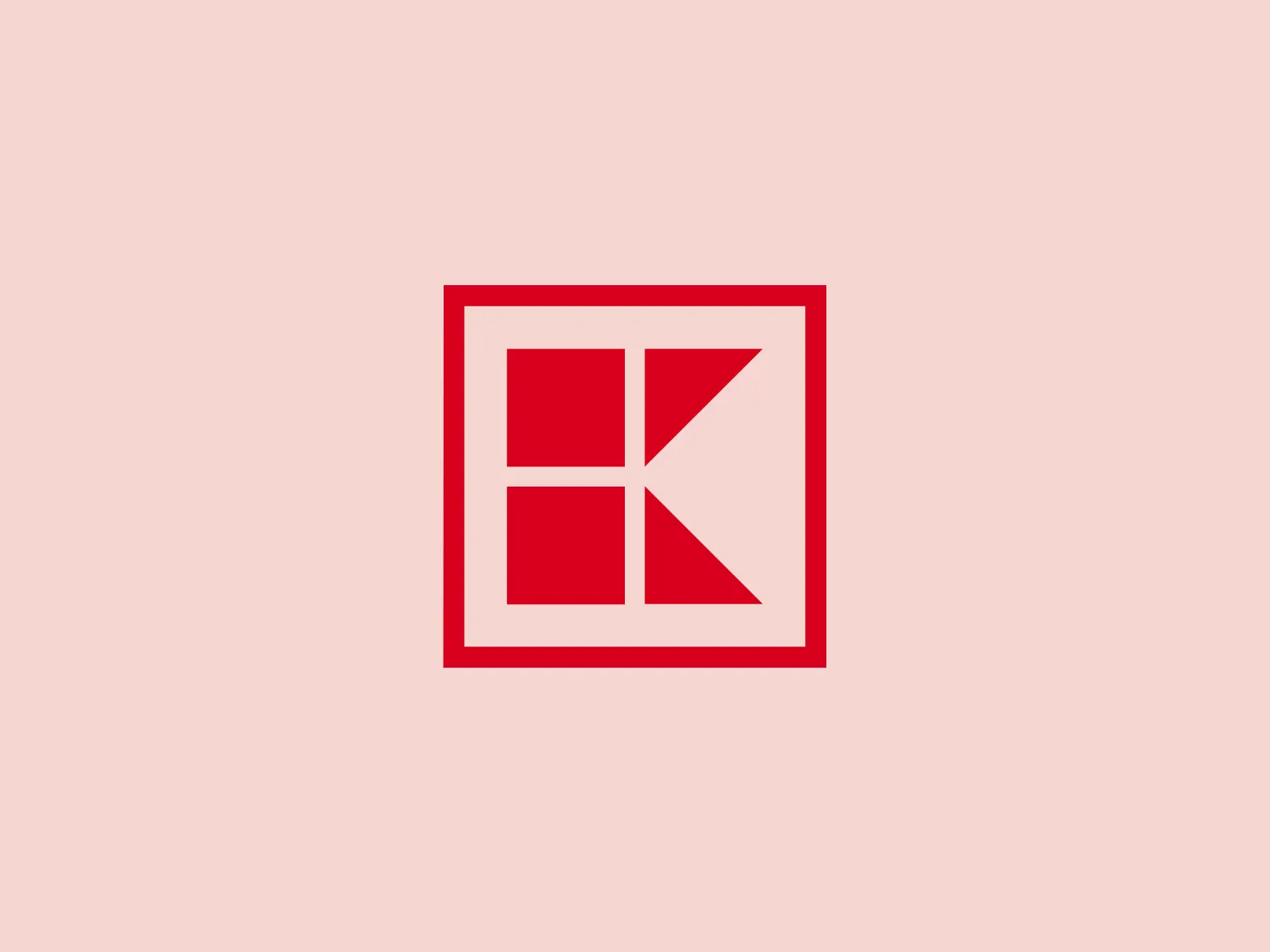 The Kaufland logo consists of a bold red square frame enclosing an abstract design. Inside, four smaller squares of different sizes are arranged in a 2x2 grid, creating a stylized letter 'K' from negative space. Three of these squares are solid red, while the top-right square is divided by a diagonal line, with the lower half shaded red and the upper half left white, enhancing the 'K'. The logo features a crisp, geometric look with a modern and minimalist appeal, employing a striking red against a white background that suggests energy and strength.