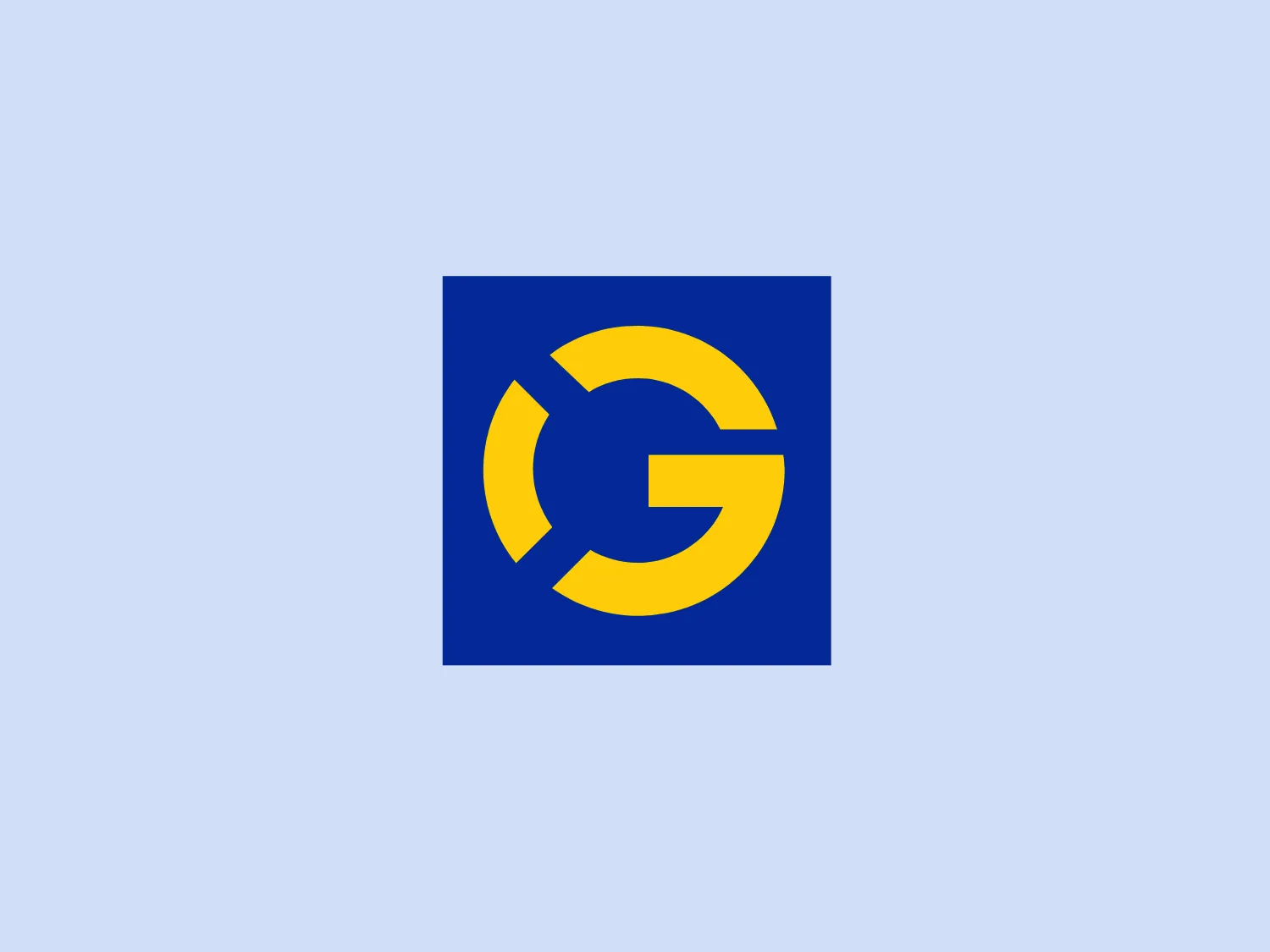 The image depicts a bold two-tone Girling logo composed of a yellow "G" centrally positioned against a deep blue square background. The "G" has been artistically sliced into two parts, with a gap emphasizing a circular negative space at its core, giving the impression that it is spinning or moving. The overall design aesthetic is minimalist and modern, with sharp edges and a clear contrast between the two colors, which also imparts a sense of energy and dynamism to the logo.