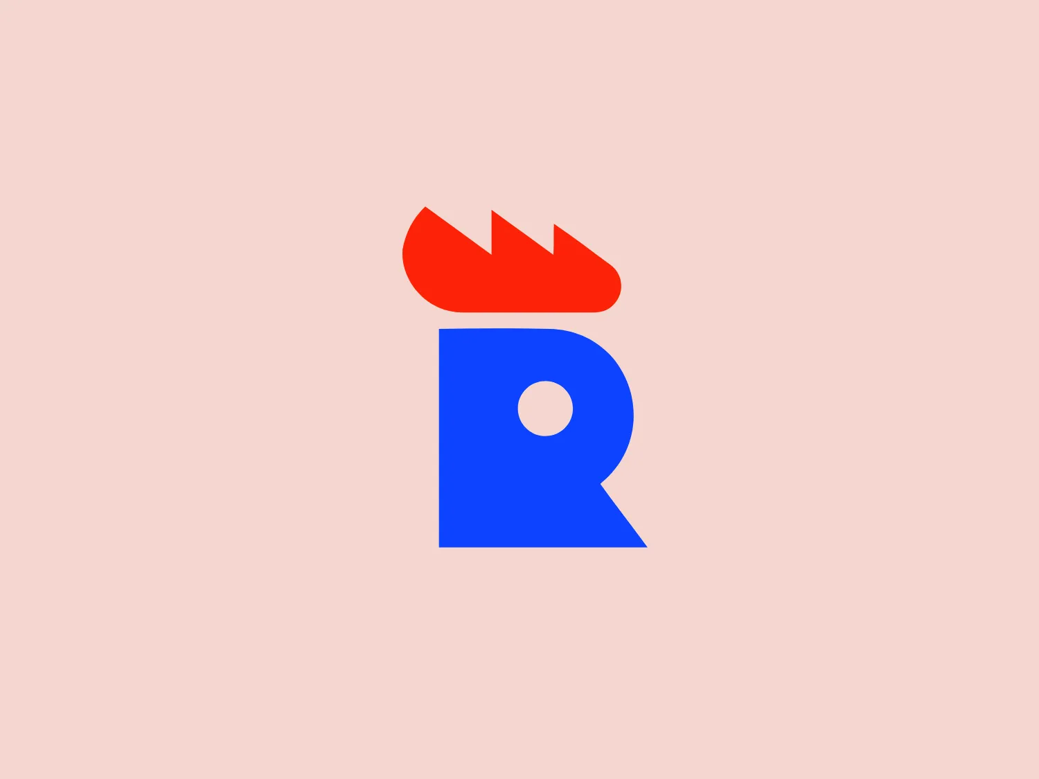 The Rooster Teeth logo features a stylized uppercase letter 'R' with a bright red upper part and a royal blue lower part. The modern and abstract design includes a geometric touch. The red portion symbolizes dynamism or heat with its jagged upper edge, while the blue 'R' is stable with a circular cut-out near the bottom, suggesting accessibility or a focus point. The sharp contrast between the red and blue creates a visually striking image, and a neutral background would be most complementary.