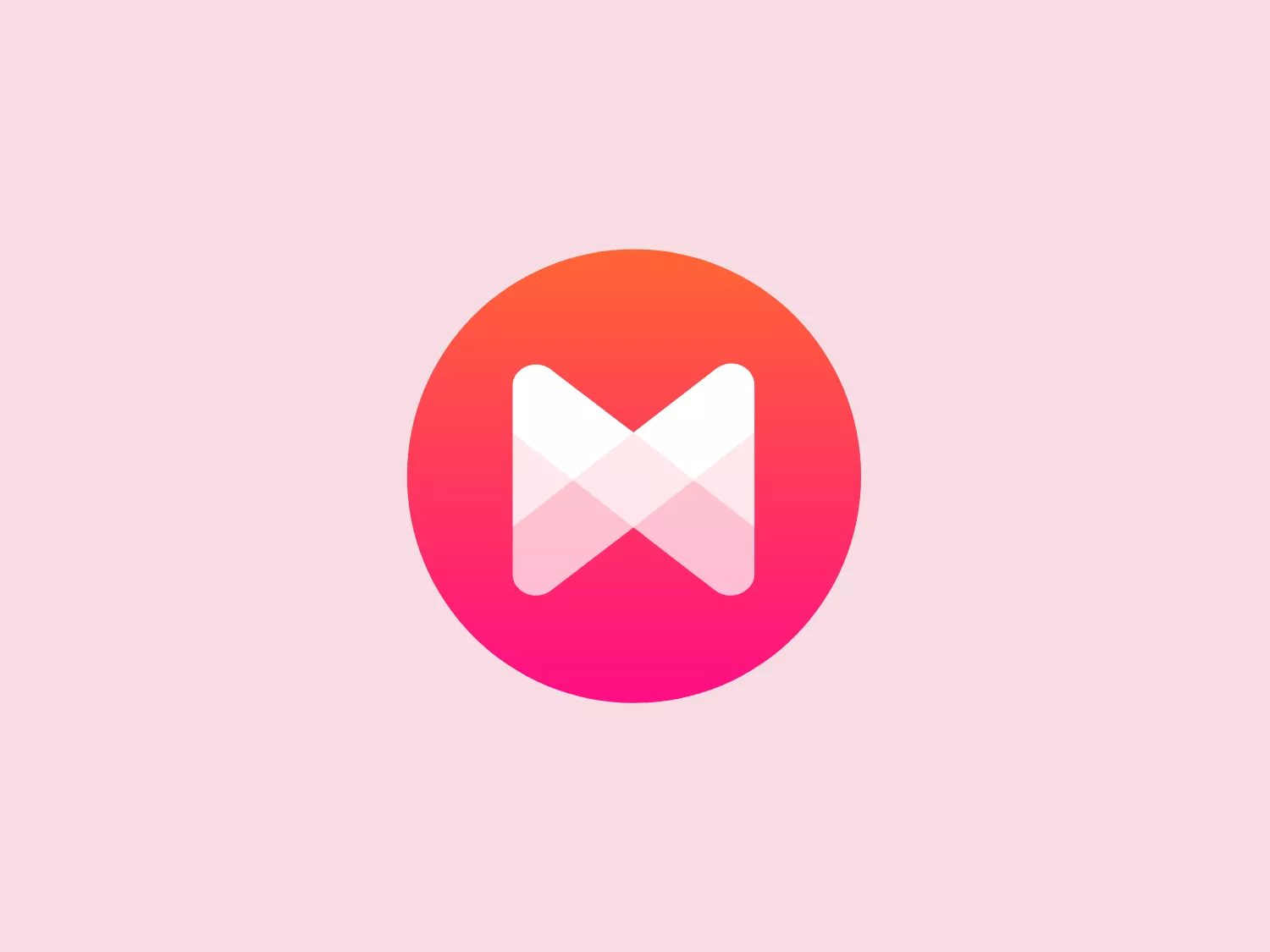 The Musixmatch logo is a modern and minimalist design featuring overlaying geometric shapes. The central element consists of a stylized "M" composed of two symmetrical triangles converging towards the center, creating a 3D effect. Their lower halves display a gradient that fades into the background, giving an impression of depth. The color palette includes a vibrant gradient transitioning from a pinkish hue at the top of the shapes to a lighter pink or nearly white at the bottom. The entire figure is enclosed within a circular backdrop that shifts from coral to a muted, pastel red, further accentuating the logo's centerpiece. The overall aesthetic is sleek, youthful, and would appeal to a tech-savvy, trendy audience.