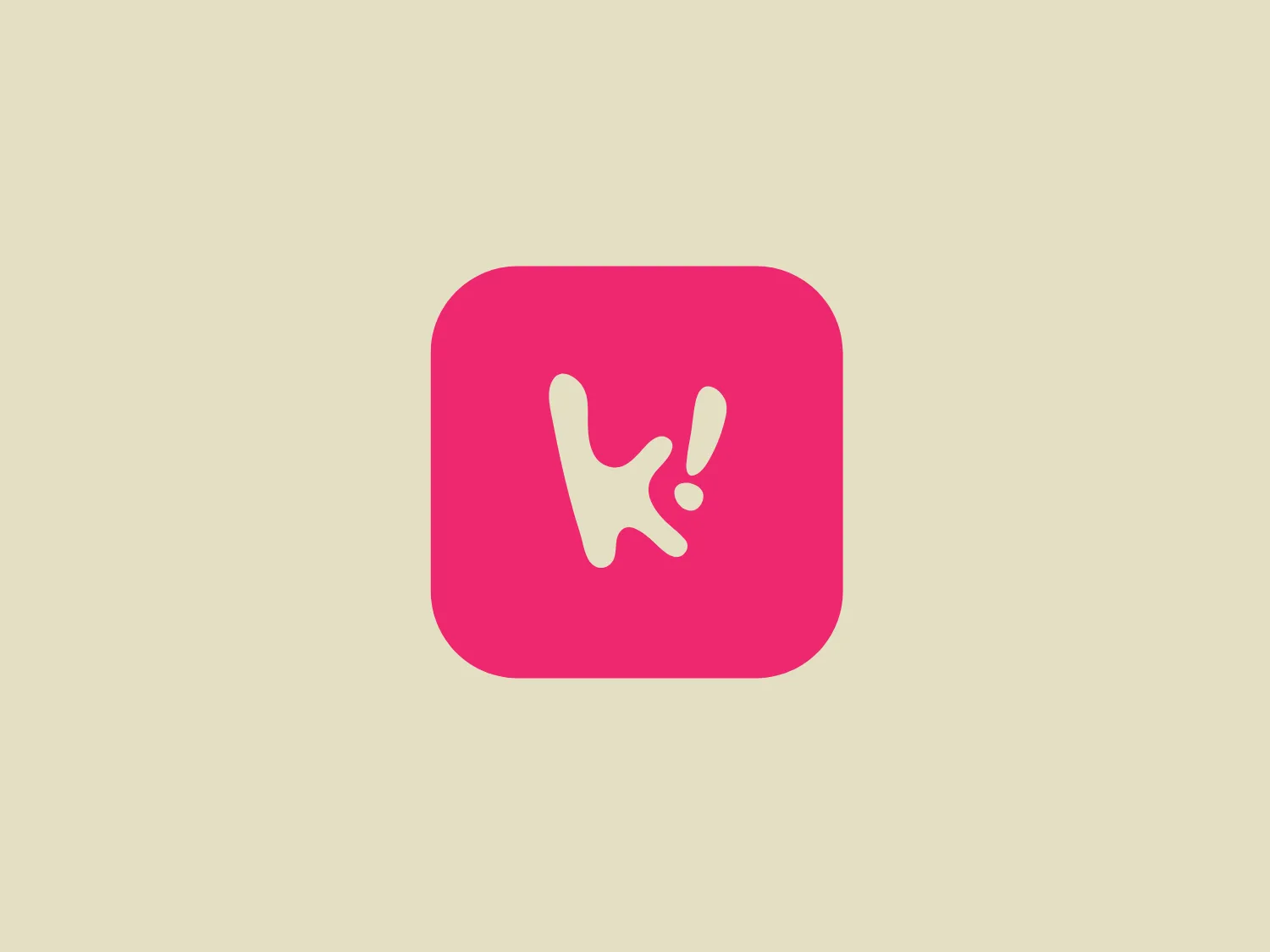 The logo displayed is a stylized, abstract figure resembling an exclamation mark inside a rounded square. The primary element, which looks to be a combination of a splash and an exclamation point, is white and centered within a vibrant, solid pink background. The figure's top part is bulbous, much like a traditional exclamation point, but the stem is replaced with a splash-like shape, creating a dynamic, playful impression. This design suggests energy and excitement, and its simplicity aligns with modern minimalist aesthetics. Considering the palette of the Koreaboo logo, a subtle and light background color would complement it well without overpowering the vibrant pink.