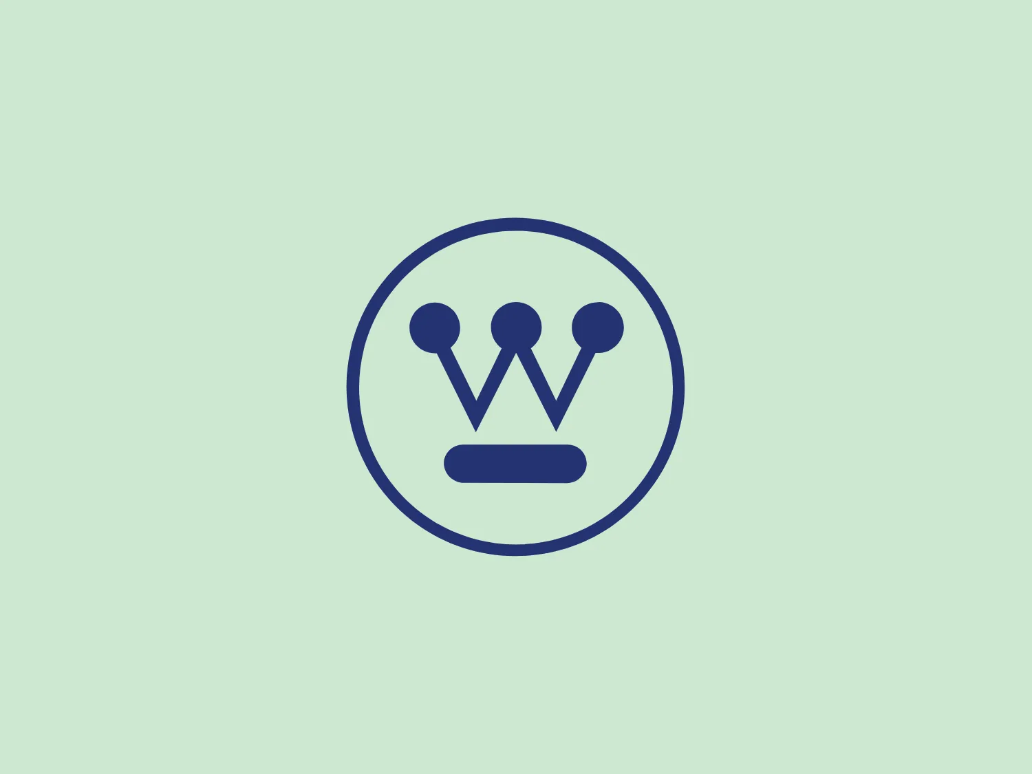 The Westinghouse logo is a minimalist design featuring a stylized crown composed of three equally spaced vertical lines capped with circles, all connected at the base with a horizontal line above a short, flat baseline. The icon is encased within a circle, creating a cohesive and contained emblem. The overall aesthetic is clean, modern, and would be readily identifiable at various sizes. The logo employs a single color, a deep, sophisticated shade of blue, which lends it a professional and regal feel.
