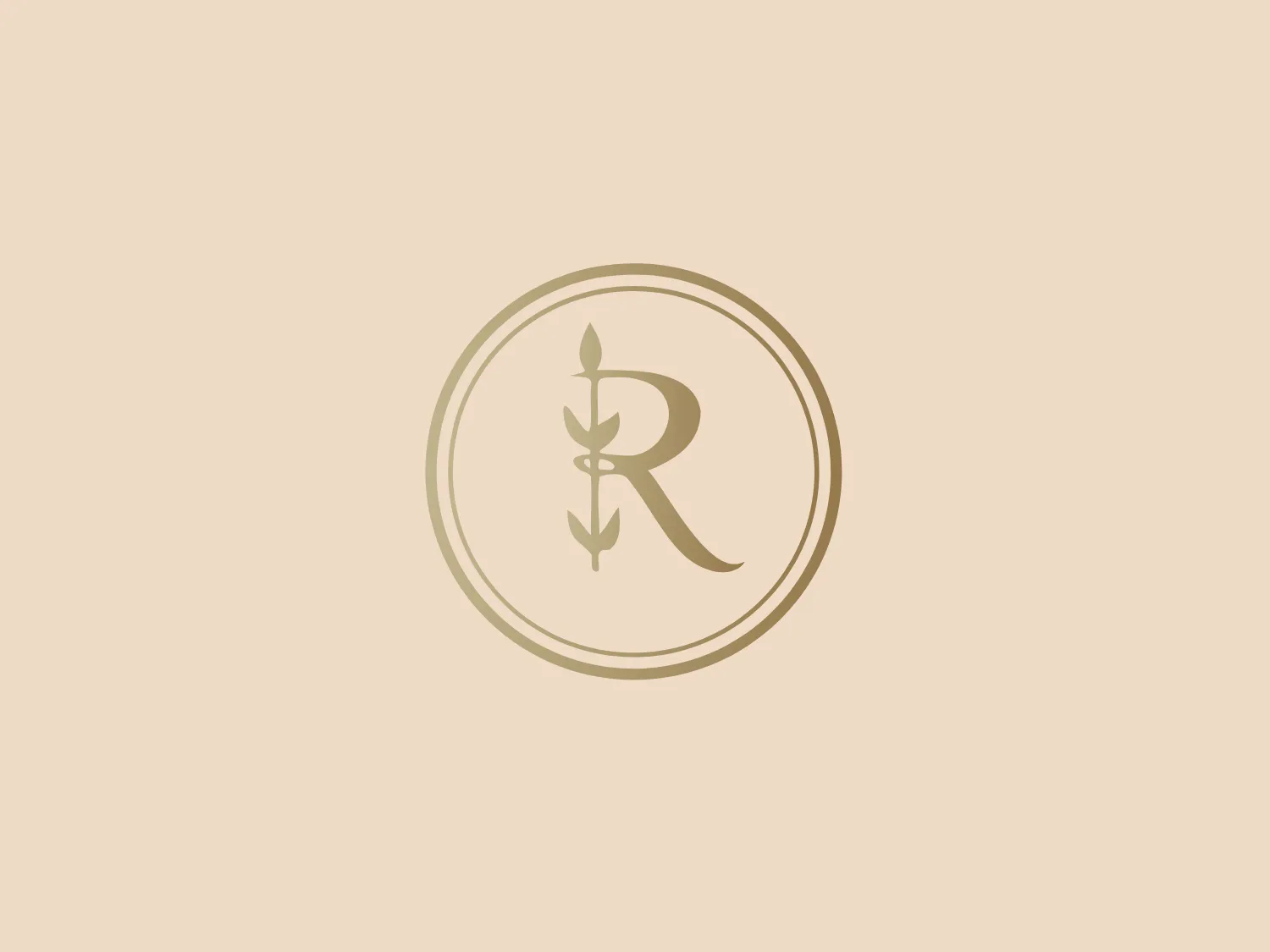 The image depicts a sophisticated, monochromatic logo, primarily in a shade of muted gold. It features a stylized letter "R" at the center with a flourish that creates an abstract arrow or botanical motif, integrating an element of growth or directionality. The letter is enclosed within a thin gold circle, which adds a sense of completeness and enclosure. The design aesthetic is minimalist and modern, with a touch of elegance due to the ornate quality of the "R" and the use of gold, a color often associated with luxury and refinement. The simple yet effective use of space and line creates an emblem that would likely represent a premium brand or service.
