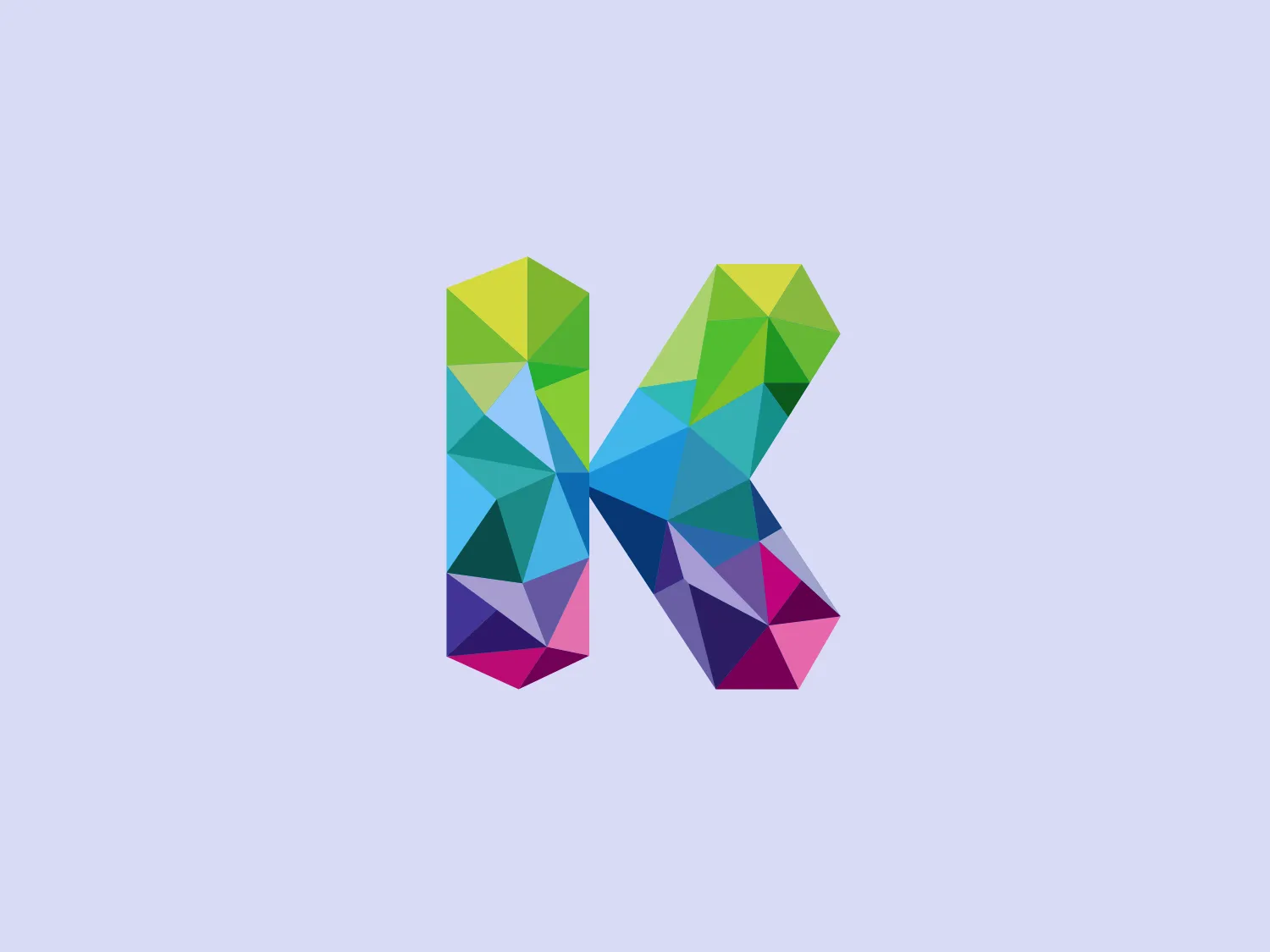 The Kaliido logo showcases a stylized letter "K" crafted from a mosaic of geometric shapes, predominantly triangles. To create a vibrant and diverse color palette, the spectrum ranges from deep purples and blues at the base of the "K" to bright greens and yellows at the top. The design conveys a modern, dynamic aesthetic, hinting at creativity, digital innovation, and technological focus. The triangular facets lend a sense of depth, providing the flat image with a quasi-3D effect.