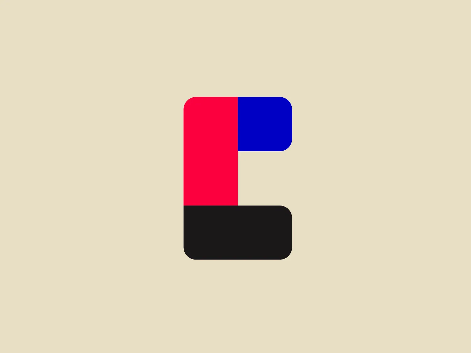 The Culture Montréal logo features a stylized, geometric design with a bold, sans-serif letter "E" adorned with a right-angled notch in the upper right section. The logo is segmented into three vibrant blocks of red, blue, and black, exuding a sleek, modern aesthetic. The striking contrast of colors ensures high visibility and distinctiveness against various backgrounds.