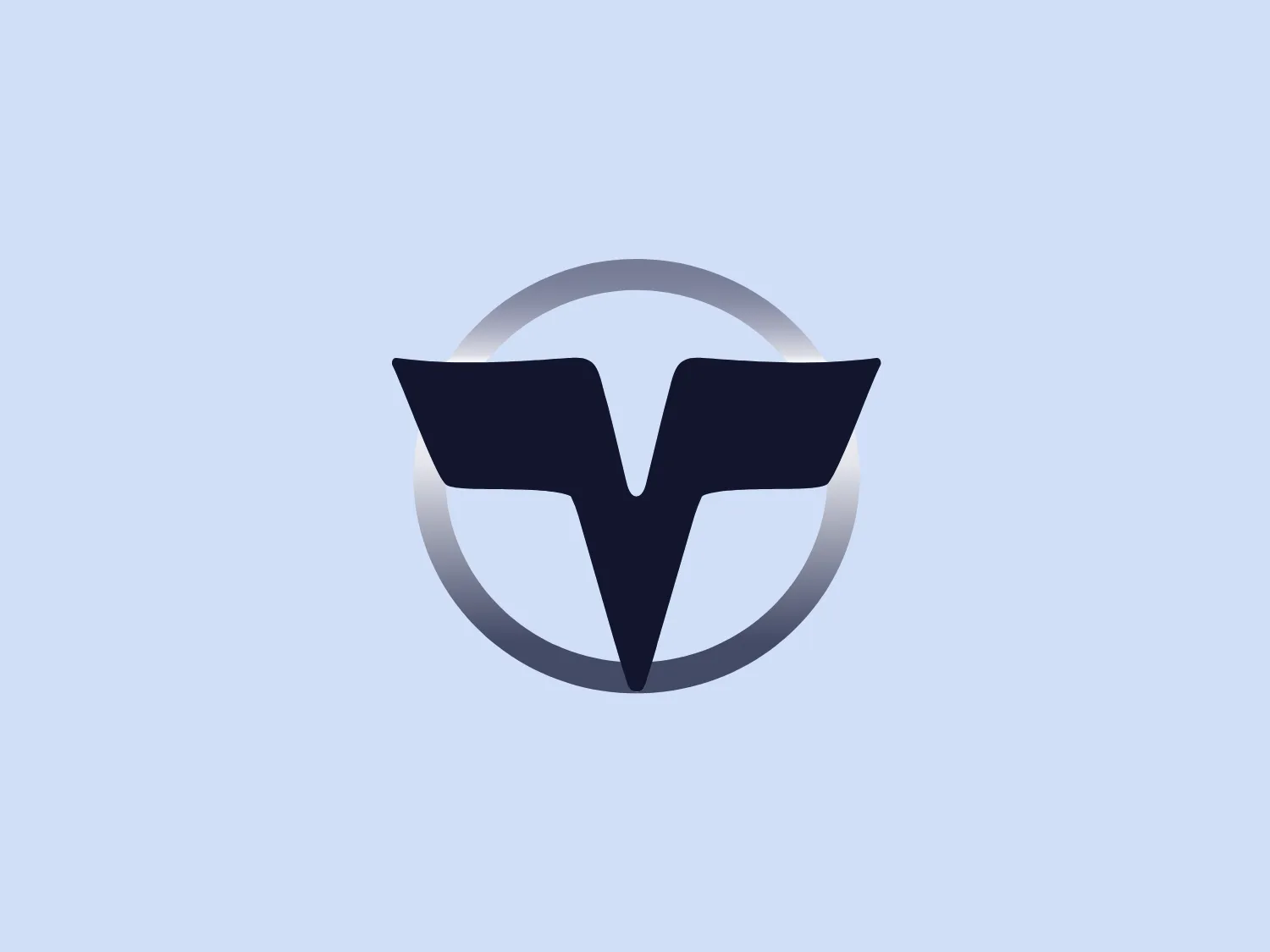 The Tohatsu logo showcases a bold, dark blue stylized letter 'V' placed at the center of a light grey circle. The 'V' has a modern, angular design with its arms splayed outward and a sharp bottom point, offering a dynamic and assertive appearance. The overall aesthetic is sleek, professional, and minimalistic, evoking sophistication and strength. An intriguing feature is the use of negative space between the 'V's arms, accentuating the letter and making it stand out against the circular backdrop.