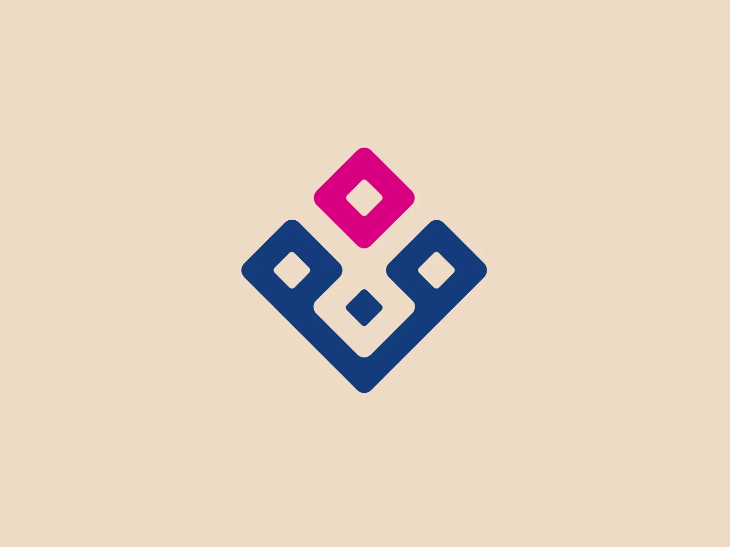 The Vakif Katilim Bank logo features a stylized, abstract symbol composed of geometric shapes in a harmonious arrangement. The central figure is a pink square rotated at a 45-degree angle, creating a diamond shape which is placed above a trio of blue squares with slightly rounded corners. Each of the blue squares contains a smaller white square centered within it, giving an impression of depth. The overall color scheme is a gradient of pink to navy blue, creating a modern and dynamic aesthetic. The design evokes a sense of connectivity or technological sophistication.
