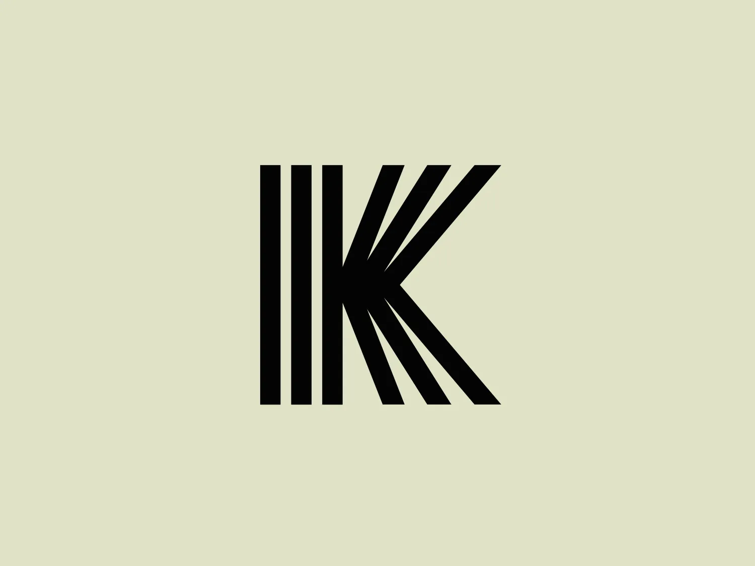 The logo presented for Koll Guitars is a stylized representation of the letters "IK" using sharp geometric shapes. The design is monochromatic, featuring solid black coloration. The "I" is depicted using vertical lines of varying lengths, whereas the "K" is created through a series of diagonal lines converging towards the lower right, giving the impression of a single continuous element. This modern, minimalist design conveys a sense of sleekness and cutting-edge simplicity. To complement this logo, a light background that provides enough contrast without overpowering the black lines would be appropriate.