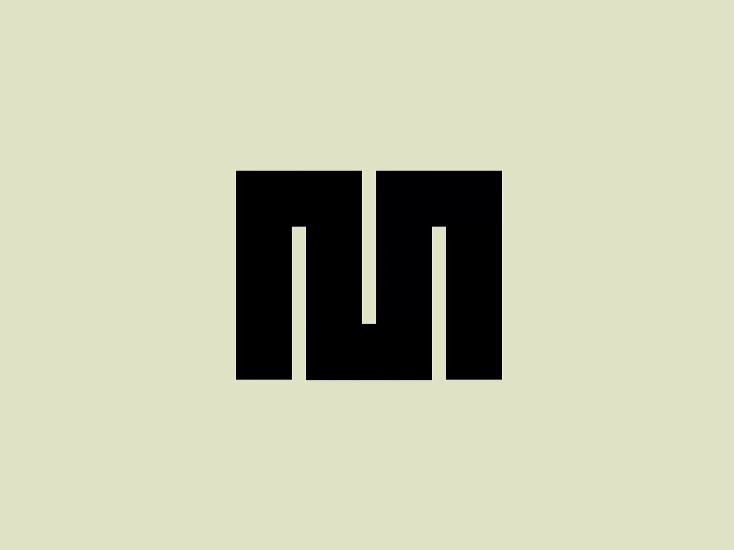 The image depicts a minimalist, modern logo comprised of what appears to be a stylized letter "M," resembling a set of doors opening or a strong geometric pattern. The logo is bold, using solid black color for the letterform. The middle section of the "M" dips below the baseline, adding to its unique structure. It is symmetric and utilizes negative space within the letterform to create a distinct and clean aesthetic that can be versatile across various branding applications.
