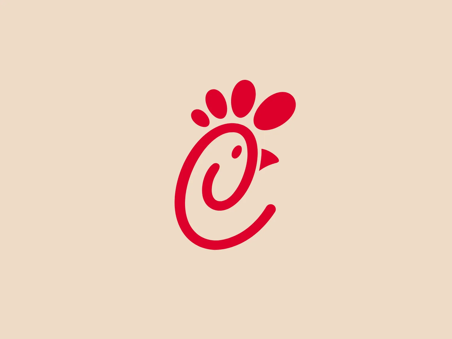 The Chick-fil-A logo features a stylized lowercase 'e' in a bold, flowing red script. Above the 'e' are five rounded elements arranged to suggest a hand or paw, signifying possibly a human touch or an animal presence. The overall design has a friendly and approachable look with its smooth curves and rounded edges. The color red is vibrant and suggests energy or passion. Considering the warmth of the red logo, a neutral background that complements without overwhelming the design would be ideal.