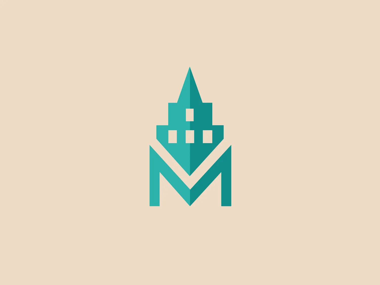 The Makers Empire logo is a stylized, geometric representation featuring a teal color palette. The abstract emblem combines elements that could be interpreted as a combination of a building or crown resting on top of the letter "M" or an arrangement of angular shapes. The modern and clean design represents a strong, stable image with a combination of organic and structured elements.