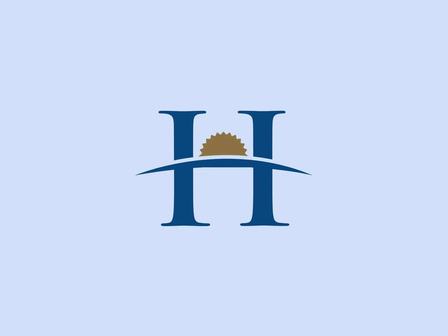 The Horizon Restaurant logo showcases a symmetrical design with a fusion of letters forming an 'H' and 'I' in a unified symbol. The central 'I' acts as the pivotal point of the 'H'. The logo features a deep blue color symbolizing professionalism and trustworthiness. A stylized emblem resembling a sun or flower, with pointed edges on the crossbar of the 'H', is highlighted in a gold or mustard tone, hinting at excellence and premium quality. The design is sleek and modern, utilizing solid colors without gradients or texture, ensuring adaptability and legibility across diverse media.