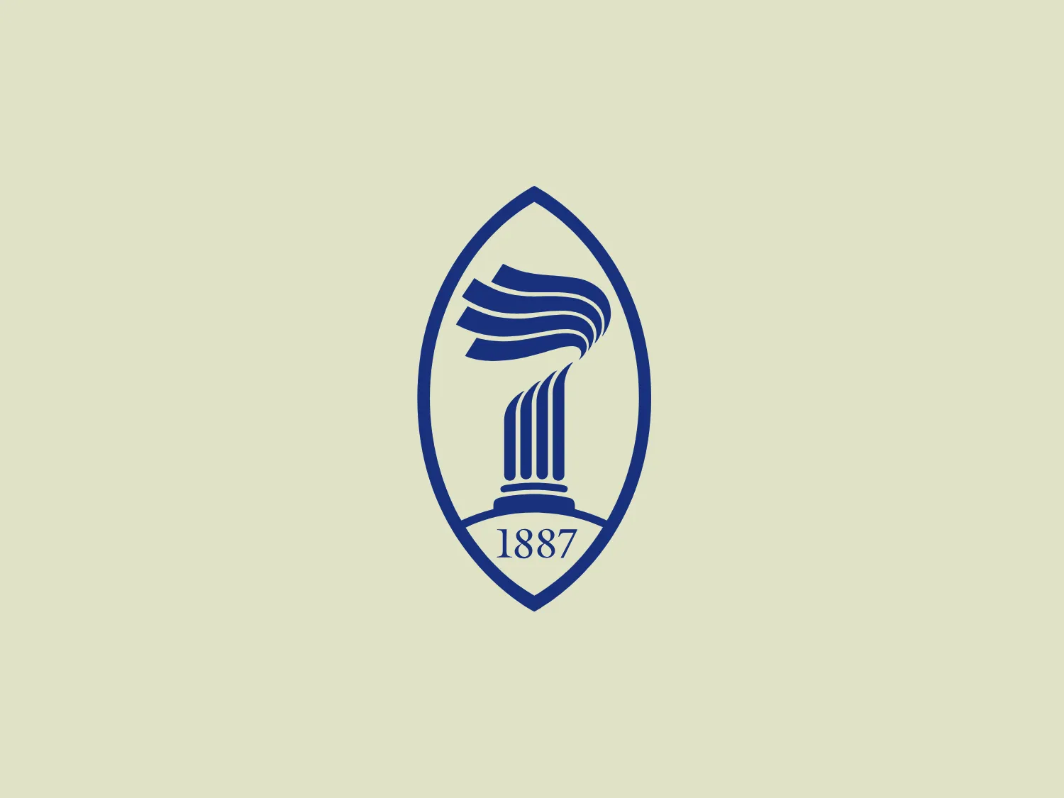 The Pomona College logo features a dark blue stylized design with classical influences contained within a vertically symmetrical, elongated shield shape. In its center is an architectural column characterized by flowing lines that give an impression of movement and traditional elegance. Above the column, echoes of its shape form an abstract, wing-like pattern, suggesting ascension or progress. Below the column, the year "1887" is inscribed, indicating historical significance or foundation. The overall aesthetic is clean, professional, and hinting at heritage or academia. Considering the classic and stately nature of this logo, a subtle and sophisticated background would complement it well.