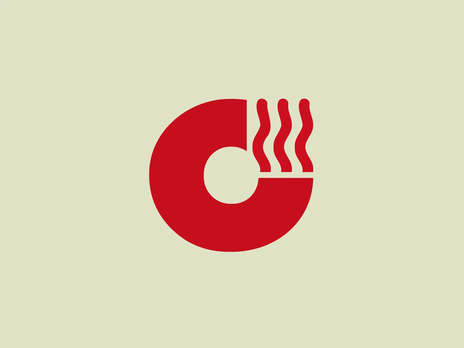 The Horn Glass logo is a stylized red circle with a cutout on the upper right quadrant that resembles an abstract representation of a hot cup. Within the cutout, three wavy lines suggest steam rising from the cup, enhancing the imagery of a hot beverage. The overall minimalist design has a modern and clean aesthetic, effectively using negative space to convey the concept. The bold red color is striking and would stand out well against a light background.