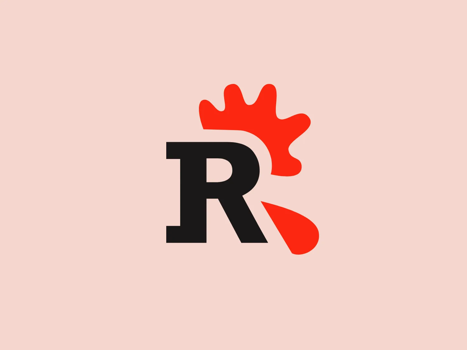 The Rooster Marketing logo showcases a bold, uppercase 'R' in a heavy-weight, sans-serif font. A dynamic orange splash emanates from the upper right corner of the 'R,' suggesting movement, creativity, or a spark of an idea. The splash has three rounded lobes, giving it an organic feel that contrasts with the crispness of the letterform. The rest of the 'R' extends below in black, with a distinctive, stylized leg that cuts inward, adding character to the design. The overall aesthetic is modern and energetic, with a striking use of negative space. The orange adds a vibrant pop of color against the simplicity of the black letter.