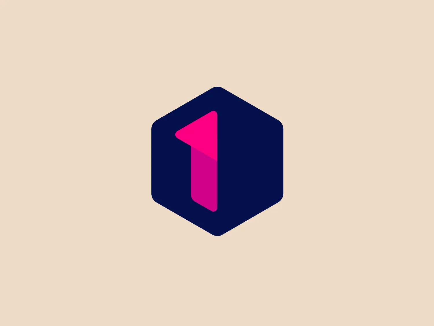 The One TV logo is a stylized pink number one with a gradient effect, featuring a darker shade at the top and a lighter shade at the bottom. It is placed within a dark blue hexagon with rounded corners, deepening to near black towards its edges, creating a sense of depth and a subtle 3D effect. The modern, clean, and minimalist design aesthetic is complemented by a bold use of color contrast that makes the number stand out.