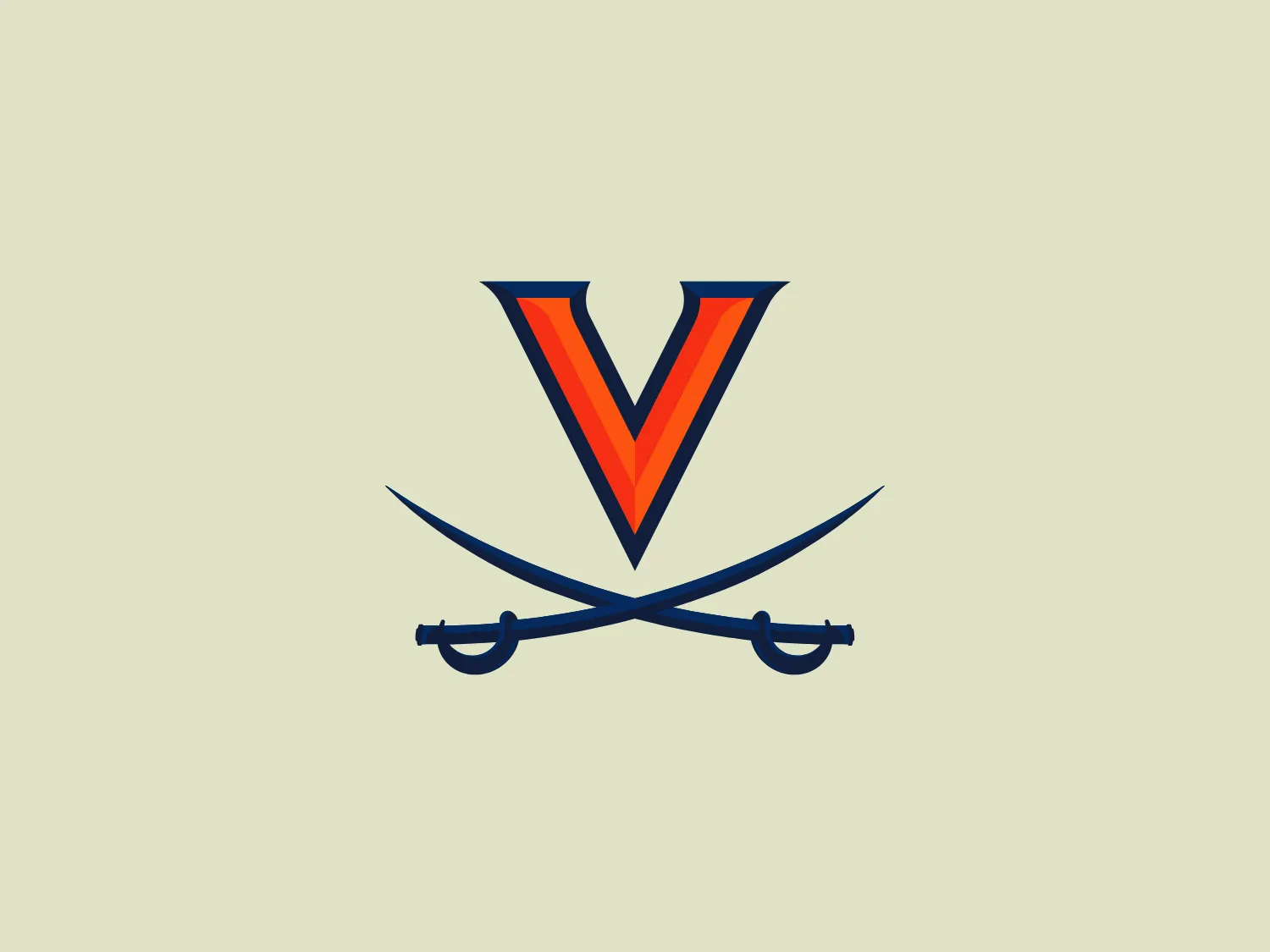 The Virginia Cavaliers logo features a stylized letter "V" in bold, orange color with black outlines and a gradient that transitions from dark orange at the edges to a brighter orange in the center, giving it a three-dimensional effect. Below the "V," there are two crossed elements resembling a minimalistic rendition of swords or sabers in a dark blue color, with handles detailed at the ends. These elements have subtle light blue highlights and small circular forms, suggesting reflection or light. The overall design aesthetic is modern and clean, with a dynamic and slightly aggressive feel, likely suggesting power, precision, or competition. The simplicity of the design allows for versatility in various applications.