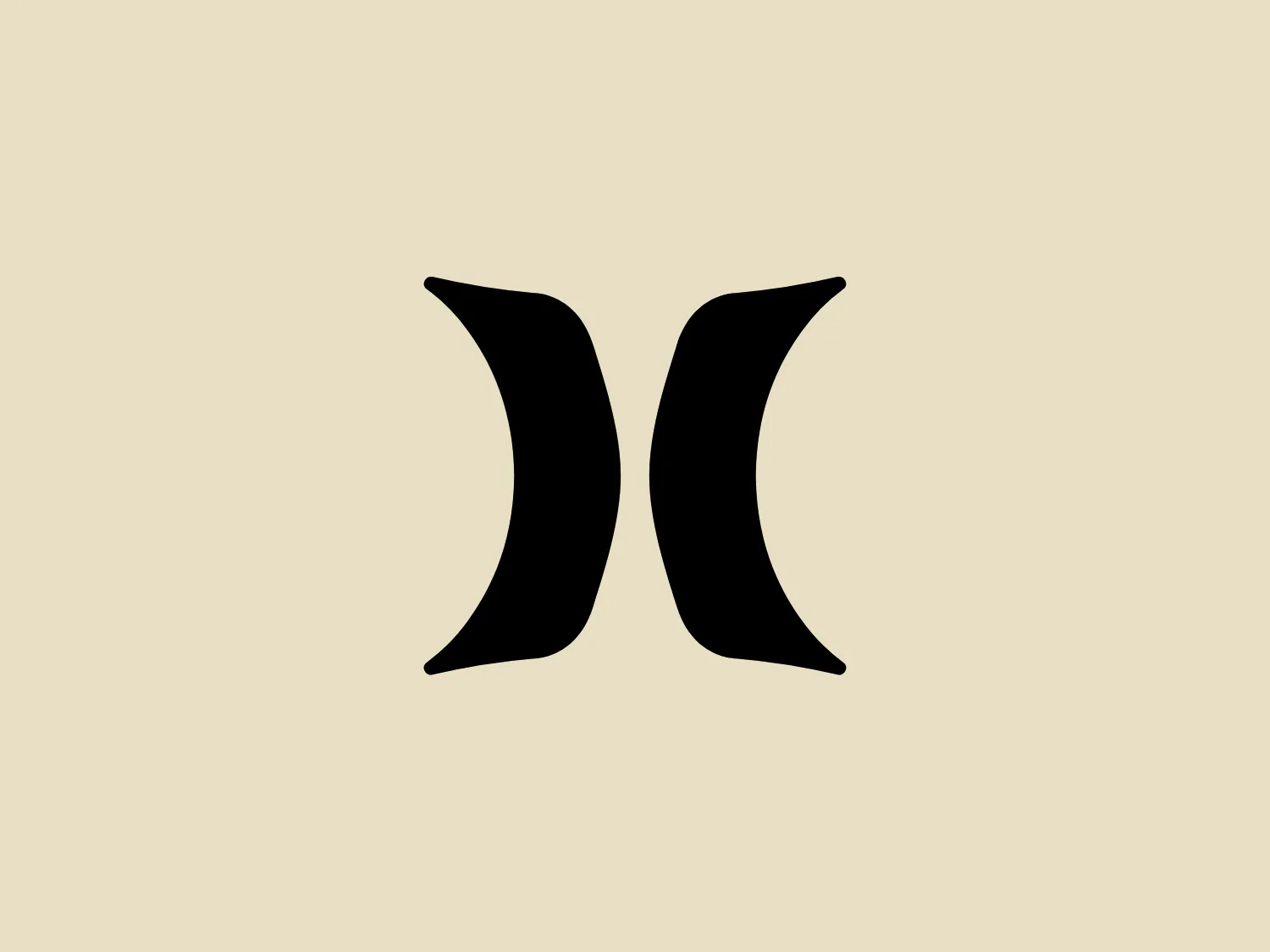 The logo presented is a pair of symmetrical, abstract shapes resembling stylized parentheses or perhaps simplified wings. They are solid black and have a fluid, organic curvature that tapers off to a point at both the top and the bottom ends, suggesting motion or an embrace. The negative space between the shapes creates a narrow, vertical ellipse that emphasizes the symmetry and complements the overall design. The design is minimalist, modern, and could convey concepts of balance, protection, or dynamic movement. Given the simplicity and boldness of the black shapes, a light and neutral background would complement it well.