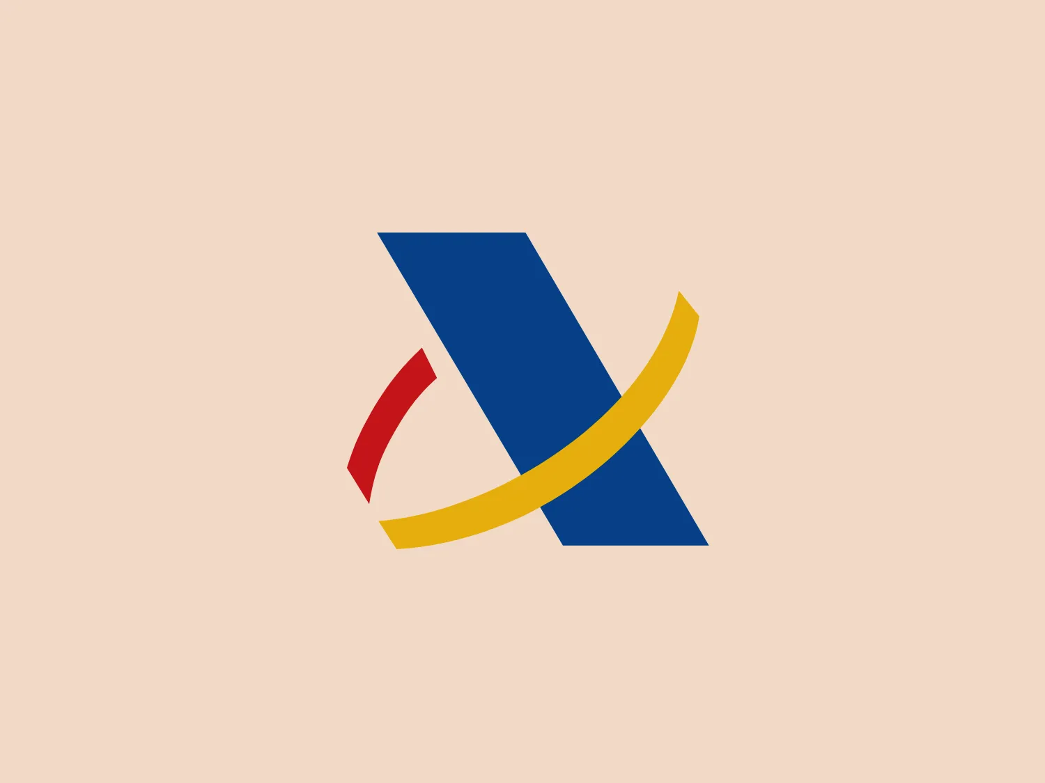 The Agencia Tributaria logo features an abstract design with three geometric elements interacting with each other. The primary shape is a bold, blue right-angled triangle, suggesting stability and strength. Overlapping the triangle is a curved, bright yellow line that adds a dynamic and forward-moving quality to the design. Anchoring these two elements is a small, red quarter-circle tucked into the triangle's right angle, providing a pop of color contrast and visual interest. The overall aesthetic is modern, simple, and energetic, leaning towards minimalism while effectively utilizing color contrast for impact. The logo's clean lines and bright, primary colors would stand well against a subtle and warm background.