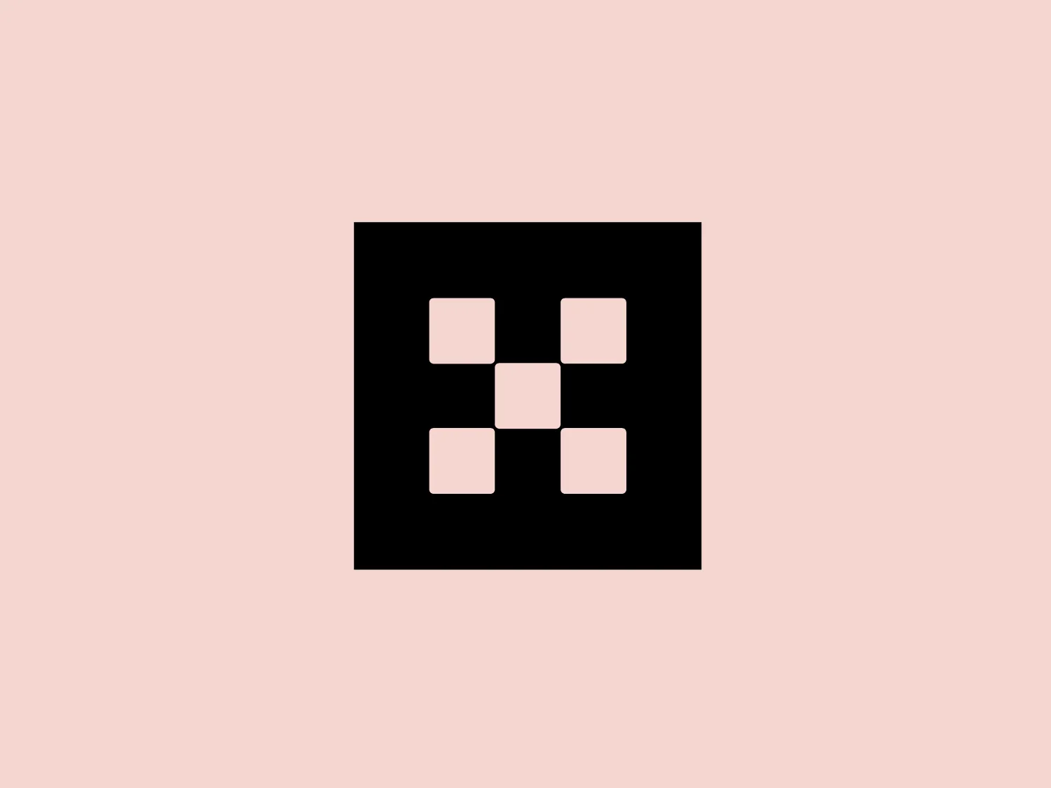 The OKX logo features a minimalist design with a cluster of five squares arranged to form a larger, abstract square shape. The central square is directly in the middle, with the other four squares touching its corners and evenly spaced out. The entire composition is in stark white against a solid black background, creating a striking contrast. This simple yet bold design elicits a sense of digital or technological sophistication, with its clean lines and modern aesthetic.