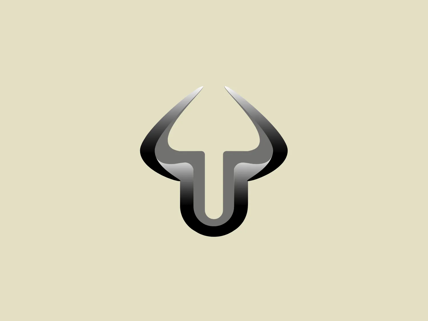 The URO logo features a stylized bull's head with a symmetrical abstract design. The main shape includes curved horns and a snout-like feature, giving the impression of a bull's face and nose. Employing a monochrome color palette with shades of black, gray, and white creates a metallic, gradient effect, imparting a sleek and modern aesthetic that suggests strength and power. The logo's 3D appearance is due to the gradient shading, providing depth and dimensionality. A background color that complements without overwhelming is advisable.