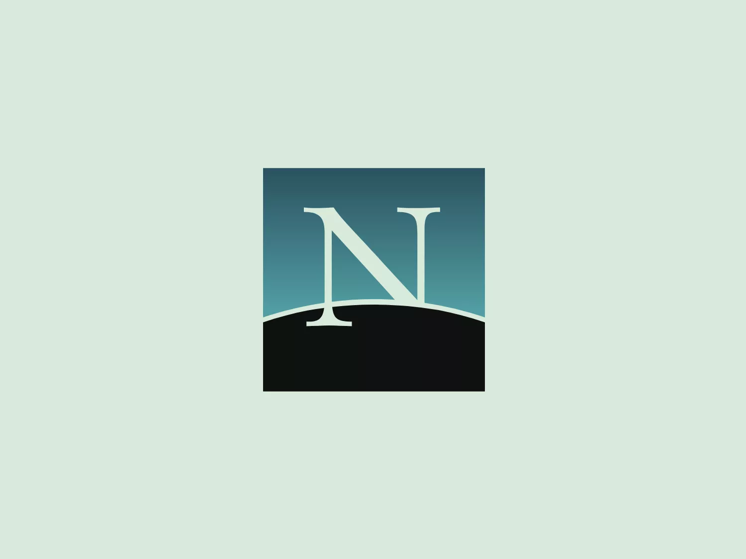 The Netscape logo showcases a bold capital letter 'N' in a serif font, with the top right end of the 'N' extending to form a subtle arc across the icon. The 'N' is white, set against a black silhouette that represents a hill or a horizon, and this sits within a square with rounded corners. The square has a gradient of teal to a darker shade, creating a sense of depth. The design exudes a professional yet dynamic feel, suggesting stability and growth, while the arc may symbolize connection or an overarching purpose.