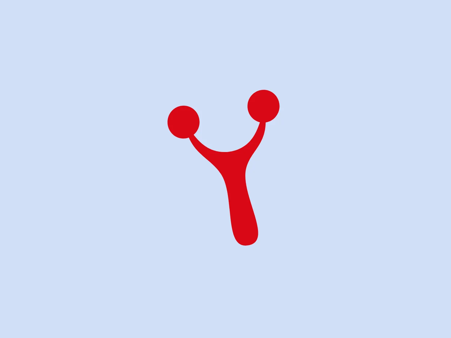 The Yayvo logo features a red stylized symbol resembling an abstract humanoid or a slingshot. It consists of a central, organic, bulbous shape that tapers down to a point at the bottom—akin to the silhouette of a vase or droplet. Extending from the upper sides of this central figure are two rounded extensions, each ending with a perfect sphere, giving an impression of arms or antennae reaching outward. The arms are asymmetrical, with the right side extending slightly higher than the left. The color is a flat, bold red, without any gradients or shading, providing a modern and simplistic feel. The overall aesthetic is playful and dynamic, with soft curves suggesting movement and energy.