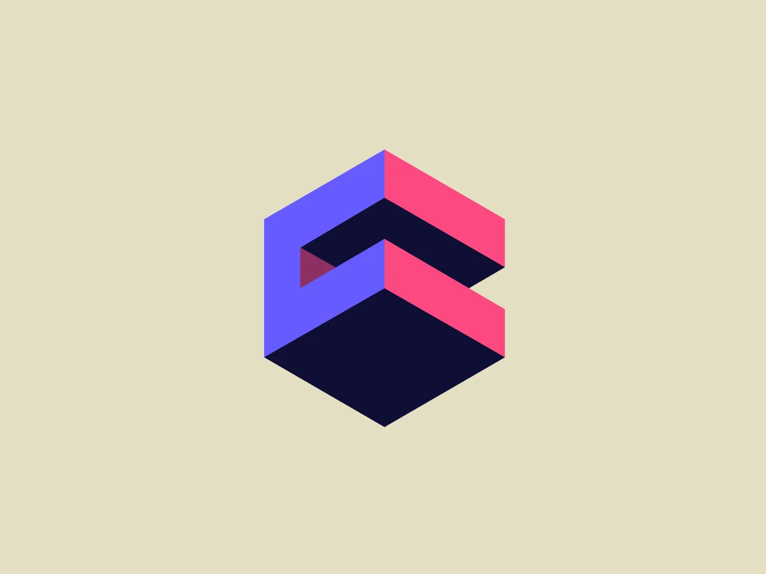 The Cube Dev logo is a stylized, three-dimensional letter 'E' composed of geometric shapes. The primary form is a hexagon, split into a variety of shapes, with the differentiated colors giving the appearance of depth. The color palette consists of a deep navy, a pastel pink, and a medium purple, creating a striking contrast. The overall design aesthetic is modern and minimalist, with clean lines and a bold, isometric style that would be suitable for a tech company or a digital brand. Given the colors within the Cube Dev logo, a background that complements but does not compete for attention would be ideal.