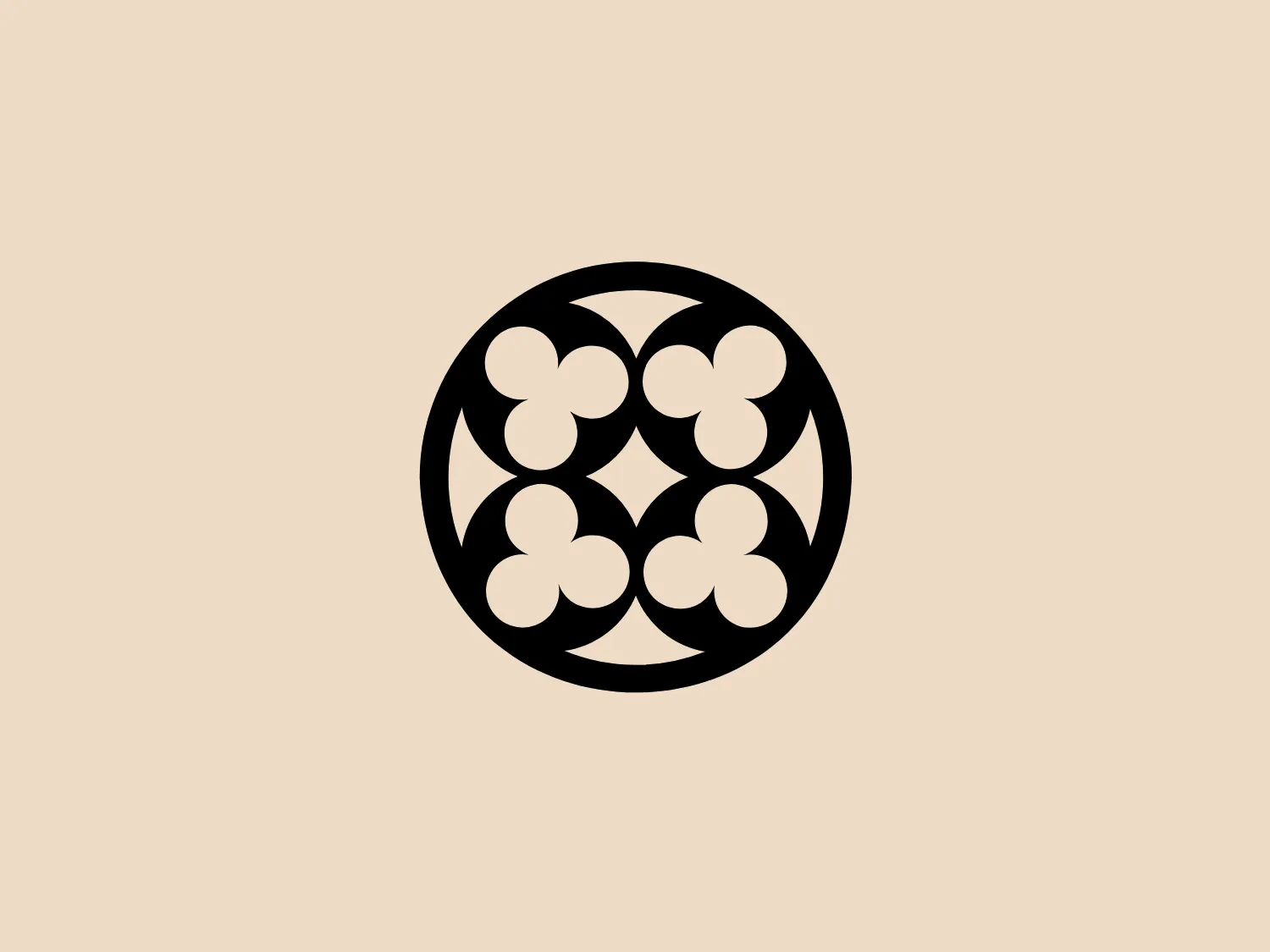 The Oglethorpe University logo features a black circular background with a symmetrical array of abstract floral shapes. Six simplified flower icons are arranged in two vertical columns and three horizontal rows, interconnected to form a decorative lattice or tessellation. The bold contrast of black and white gives the design a striking and modern look, suitable for a minimalist backdrop.