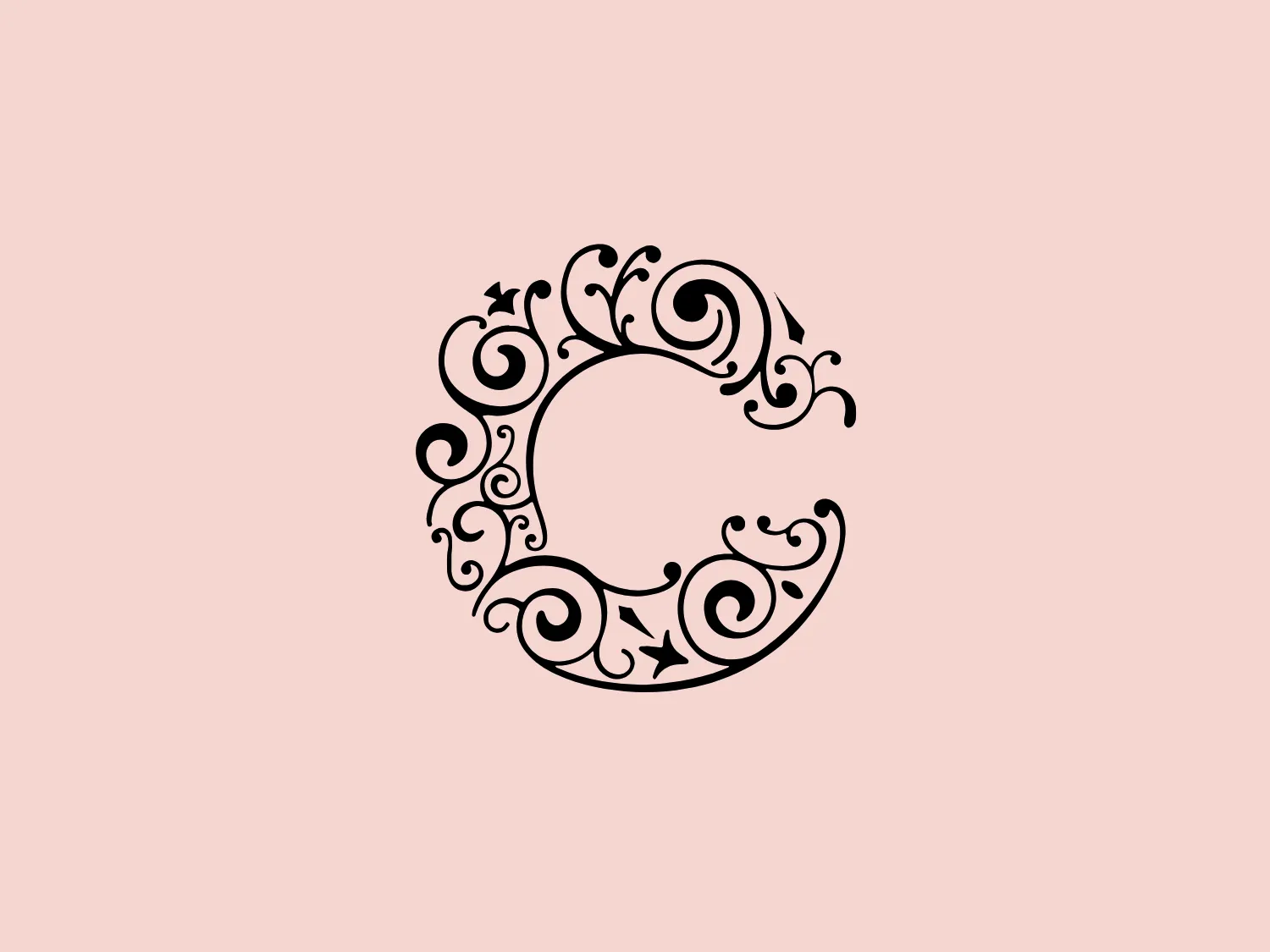 The Croots logo is a circular botanical motif with black curvilinear elements resembling foliage, swirls, and stars. The central void forms an asymmetrical, round negative space, giving the impression of a crescent moon cradled within flourishing vines. The aesthetic is whimsical and elegant, suggesting growth and fantasy. Due to the intricate and delicate nature of the design, a subtle background would complement it well.