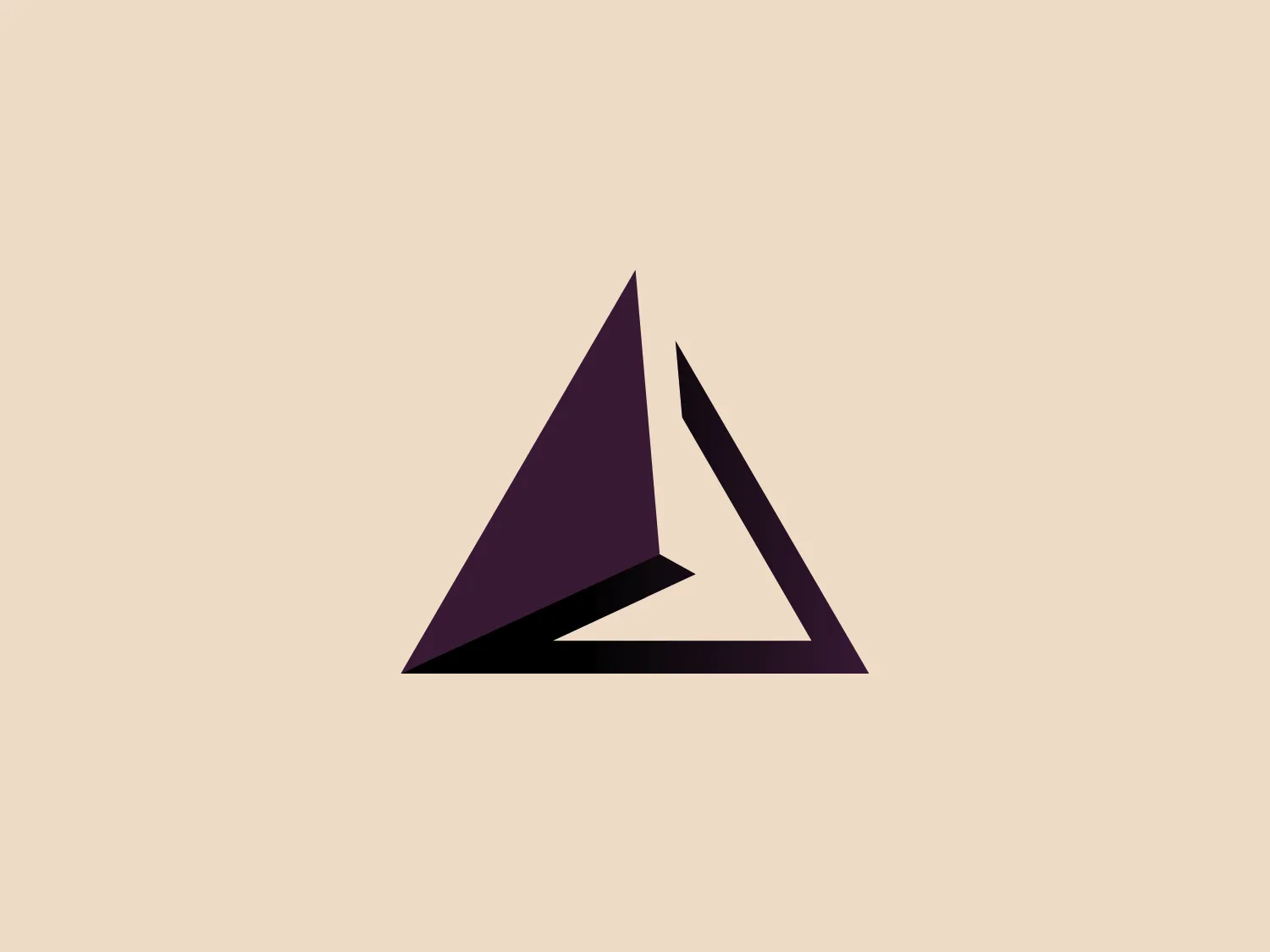 The logo for Access Entertainment is a stylized, abstract design comprising geometric shapes to create a dynamic and modern aesthetic. It features a dark purple triangular form that appears to be folding into itself, giving a sense of depth and motion. The interior of the triangle has a cutout, adding to the three-dimensional appearance. The sharp angles and clean lines convey a sense of precision and professionalism. Considering its color and design, a light and subtly contrasting background would complement this logo well without overwhelming it.
