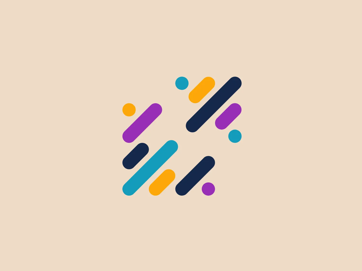The Fred Hutch logo features a modern, abstract design with elongated hexagonal shapes arranged in a circular pattern, resembling a stylized, dynamic asterisk. The logo showcases six primary shapes in dark navy blue, enhanced by circular accents in bright teal, yellow, purple, and pink, creating a playful, energetic feel. The overall aesthetic is minimalist and contemporary, with a sense of motion and interconnectivity conveyed through the arrangement and overlapping of shapes. The cool tones of the primary elements and the vibrancy of the accent colors make this logo versatile against light, neutral backgrounds.