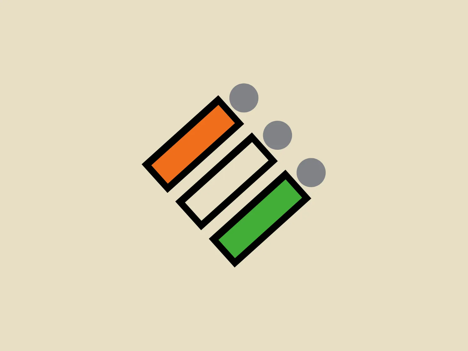 The Election Commission of India logo features a stylized, abstract design with three parallel, horizontal rectangles positioned at a 45-degree angle. The two outer rectangles are filled with solid colors - the top one in orange and the bottom in green - while the central rectangle remains white. To the right, three circles aligned vertically are depicted in a gradient of gray shades, transitioning from darker at the top to lighter at the bottom. The overall design aesthetic is modern and minimalistic, emphasizing clean lines and bold, contrasting colors. The geometry suggests movement or transition, possibly symbolizing growth, progress, or connectivity.