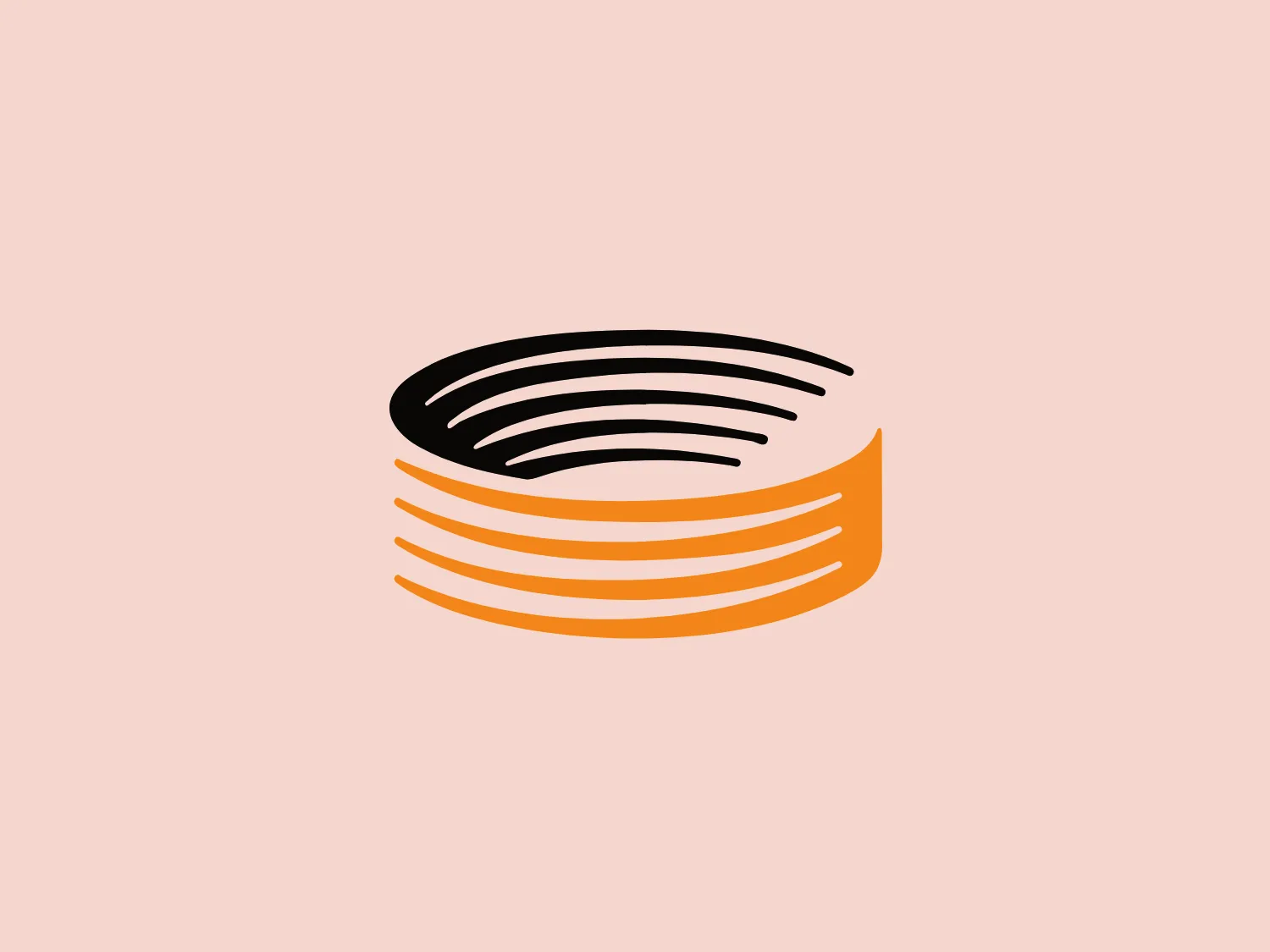 The Conco Construction logo consists of a stylized circular shape that appears to be an abstract representation of an object in motion or spinning. The top half is composed of several curved lines in black that become narrower as they curve, creating a sense of rotation and depth. The lower half mirrors this pattern with orange lines. The contrasting colors of black and orange create a striking visual effect, and there's a dynamic sense of energy conveyed by the curved lines. The overall design aesthetic is modern, minimalistic, and would likely be associated with technology, motion, or dynamics.