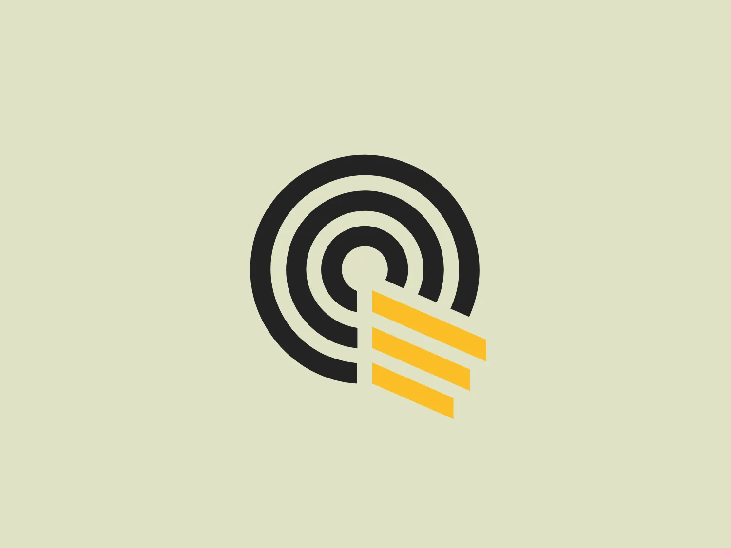 The Quest Studio logo is an abstract design featuring a stylized whirl or vortex with dynamic lines suggestive of motion or speed. The main element is a series of concentric circles, gradually decreasing in thickness from the outside in, creating a spiral effect in monochromatic black. On the right side, three bold yellow parallel lines appear as if they are being pulled into the vortex, adding energy and visual interest to the design. The aesthetic is modern and sleek, relying on strong geometric forms and a limited color palette for maximum impact.