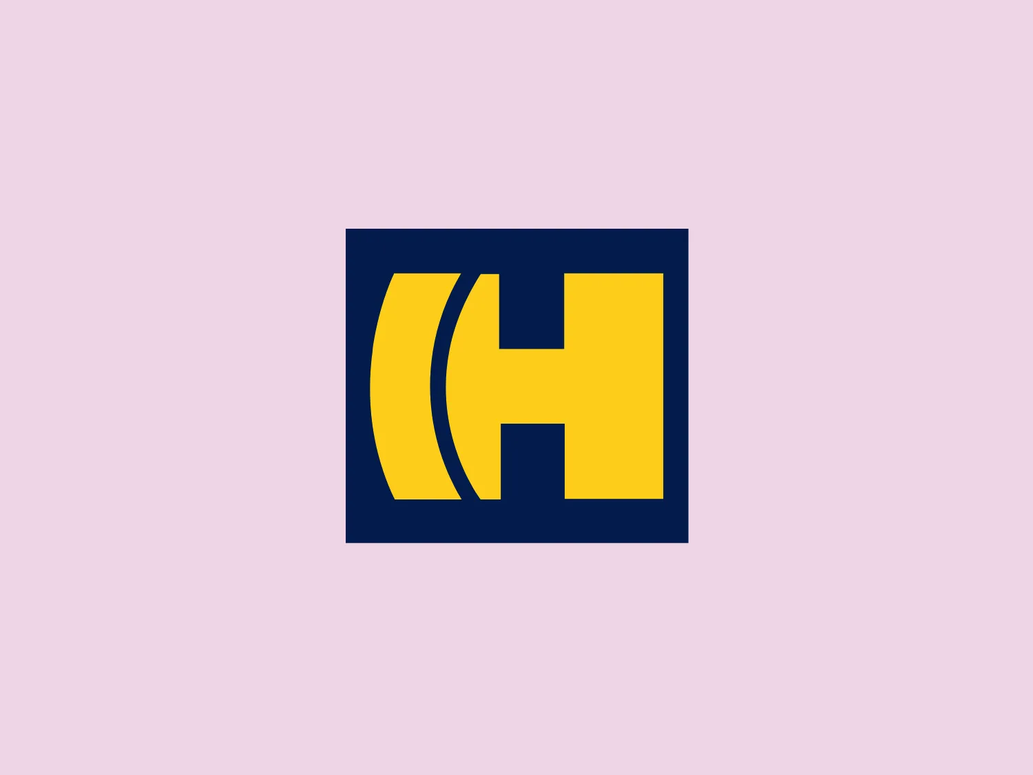 The Haco Group logo features a bold, stylized "H" with right-angle design. The vertical lines of the letter are represented by two parallel yellow bars, and the horizontal connection is implied by a dark blue semi-circle nested between them. The surrounding rectangle in dark blue frames the "H" and adds a sense of stability and structure. The use of yellow against dark blue provides strong visual contrast and suggests a sense of energy or innovation. This design carries a clean, geometric aesthetic with a minimalist feel that would lend itself well to various branding applications.