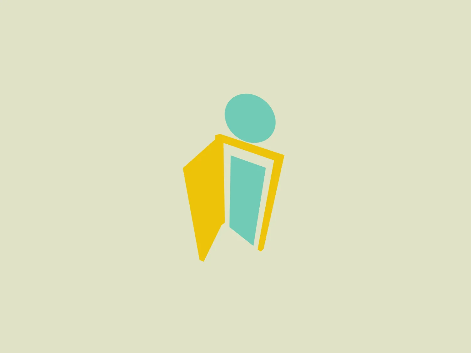 The logo features a stylized depiction of what appears to be a humanoid figure, with a large circle for a head and a body created by two overlapping geometric shapes — a pointed shield-like shape on the left in a bright yellow color and a more rectangular form on the right in a muted teal. The uncomplicated, modernist aesthetic suggests a sense of innovation and approachability. The use of negative space between the body shapes adds to the design's dynamic feel.