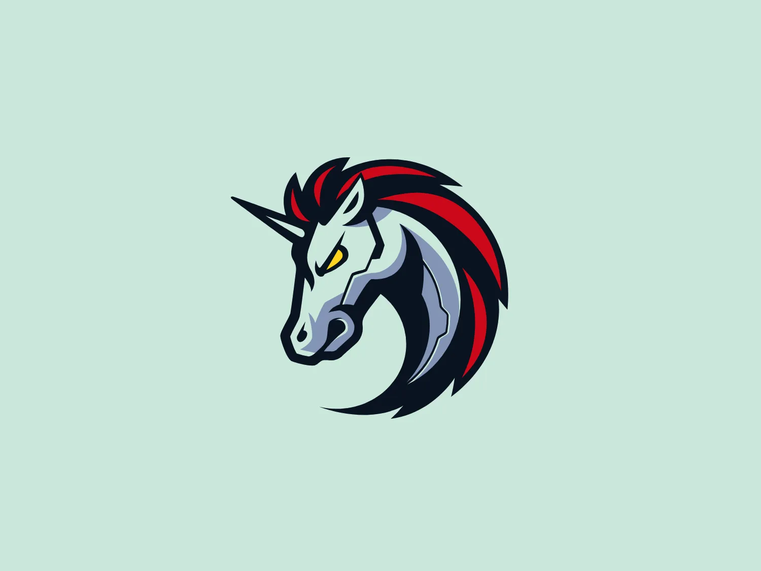 The 1inch logo features a stylized unicorn head depicted in a side profile. The design is dynamic and modern, with sharp, angular lines that convey a sense of motion and power. Its mane flows backwards with bold red and black streaks, suggesting speed and fierceness. The unicorn itself is mostly a gradient of grays with metallic sheen, giving it a sleek, almost mechanical appearance. The eye of the unicorn has a bright yellow iris, which stands out against the monochrome palette and adds a touch of fierceness to the overall design. The horn is white with a slight gradient, emphasizing its mystical characteristic. The logo's aesthetic is sporty and aggressive, and it would fit well with brands related to speed, technology, or fantasy.